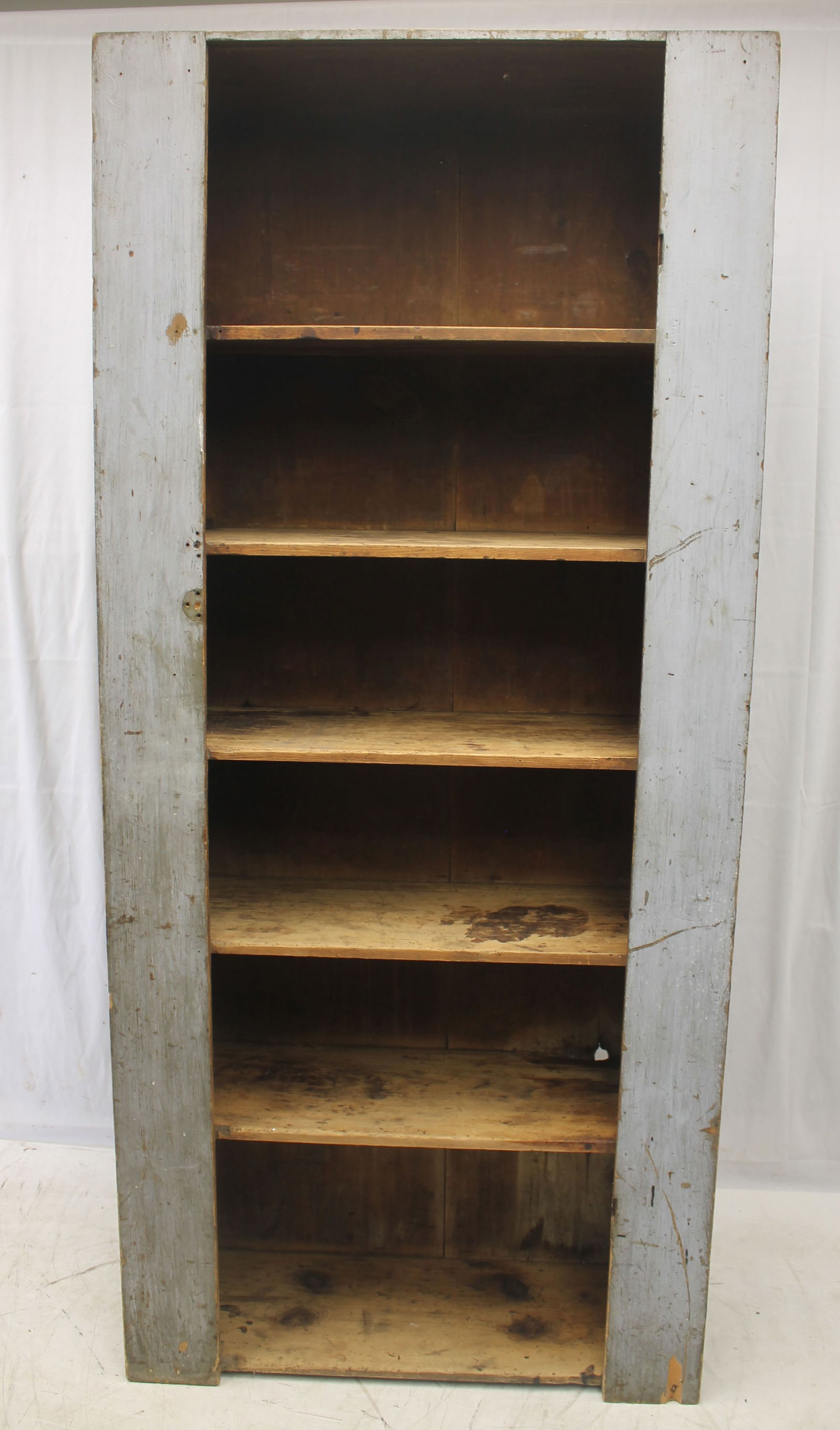 Antique open cupboard (missing door) in gray paint - 77 1/2" tall x 35" wide x 13 1/2" deep (1 of 5)