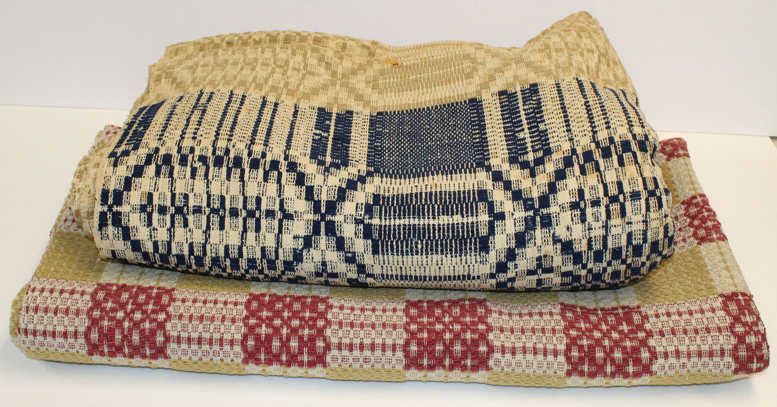 Lot of 2 antique coverlets w center seams - tan & blue approx 78"x99"; red, mustard & cream approx (1 of 19)