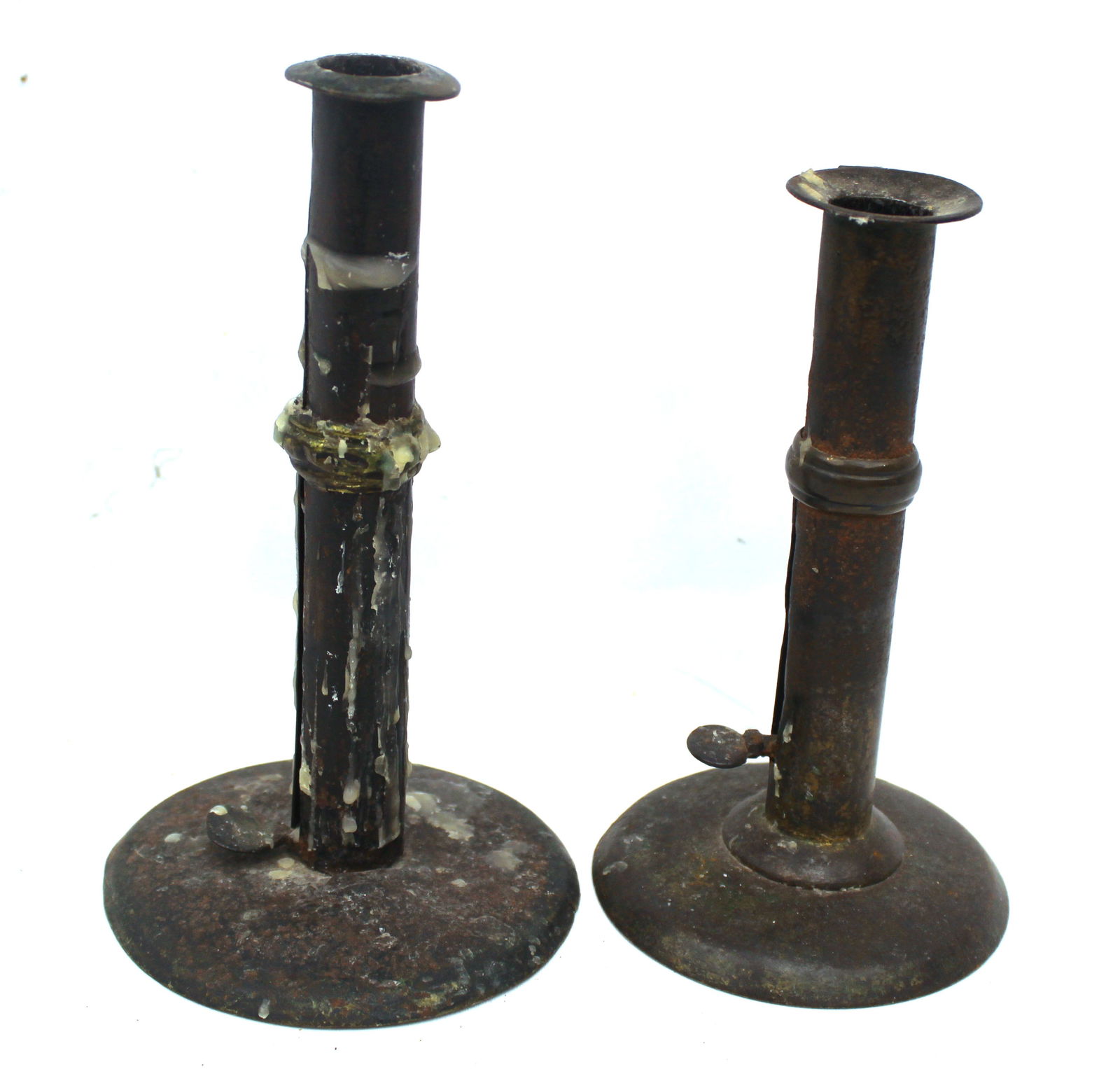 Lot of 2 antique tin wedding band push up candlesticks - 6 1/2" & 7 1/2" tall (1 of 6)
