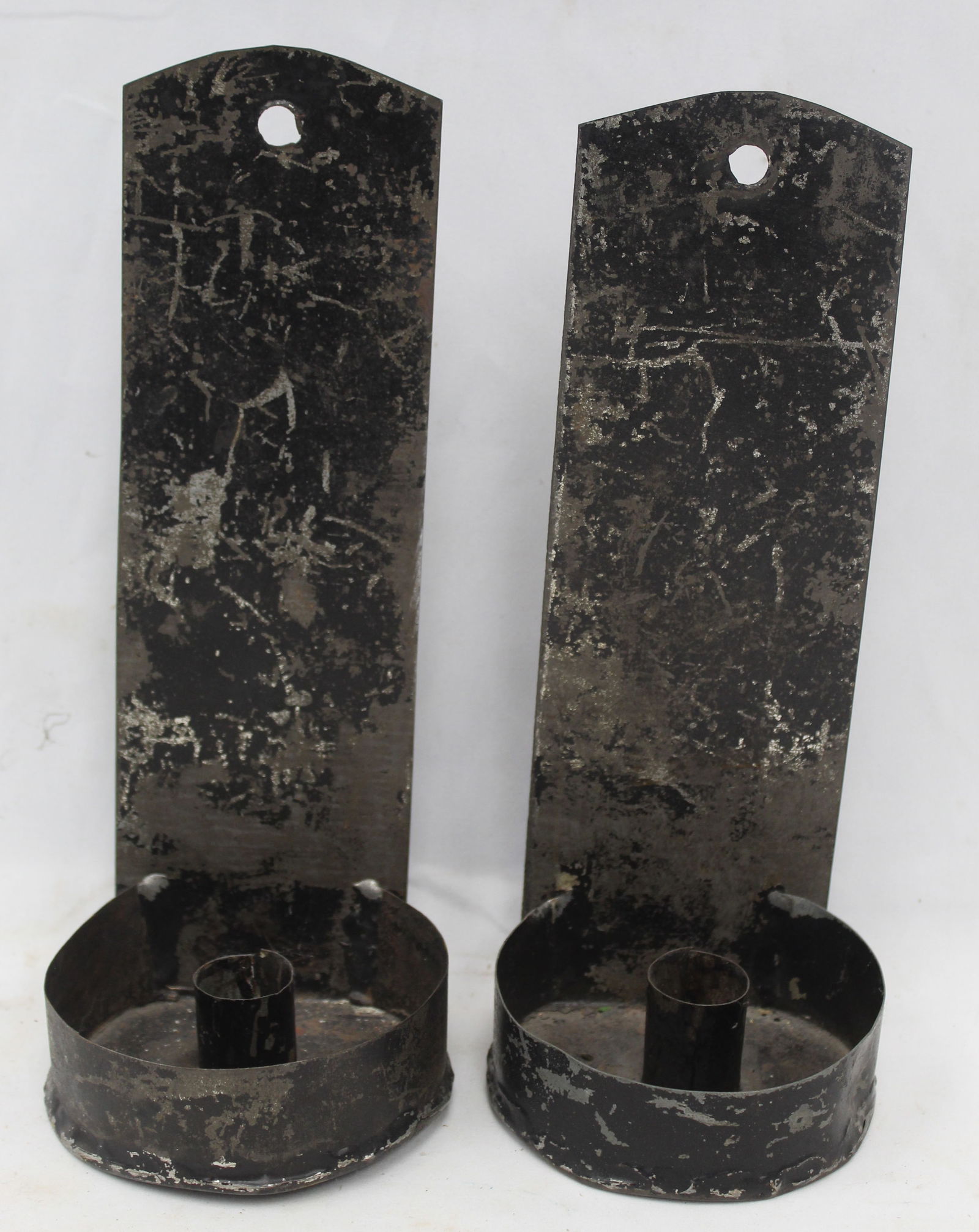 Pr of antique tin candle sconces w traces of black paint - 9 1/2" tall (1 of 4)