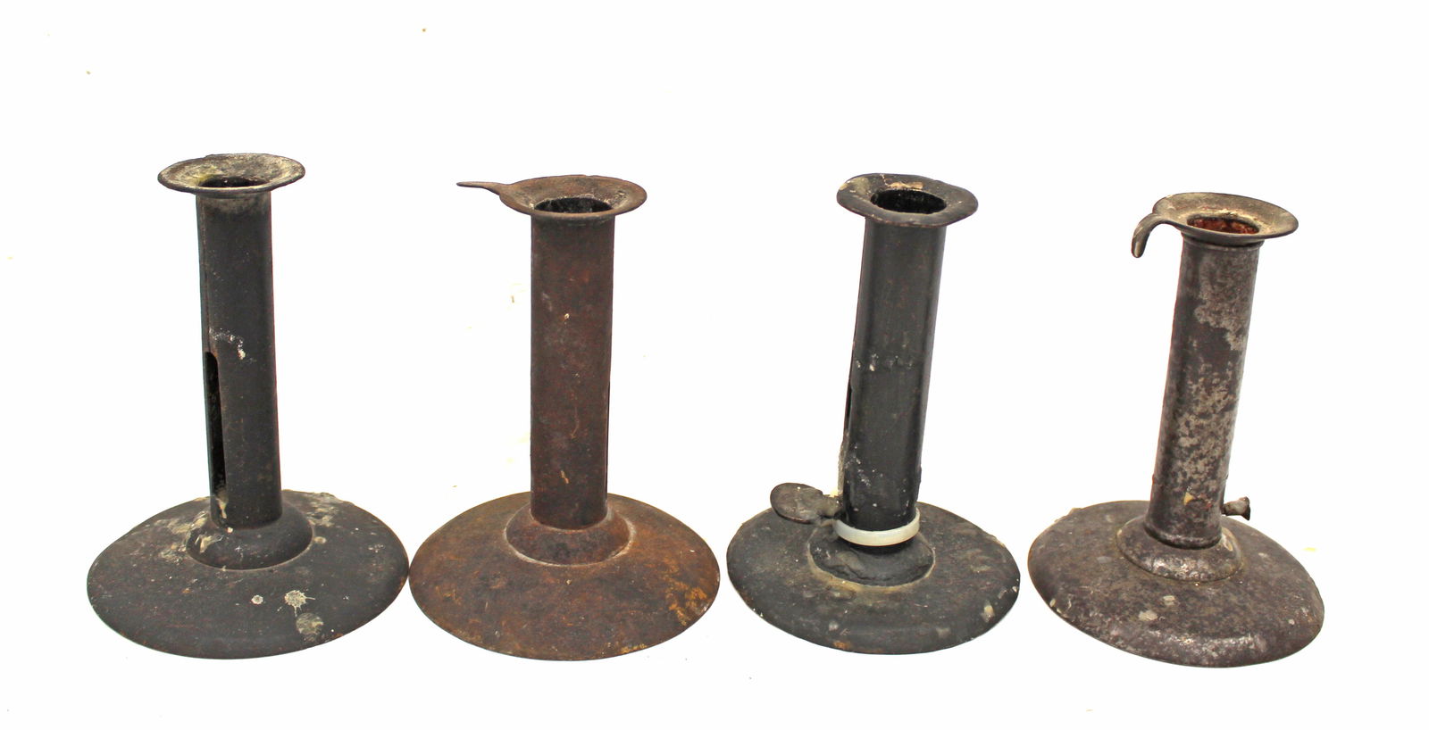 Lot of 4 antique tin push up candlesticks - 5 1/4" - 5 3/4" tall (1 of 5)