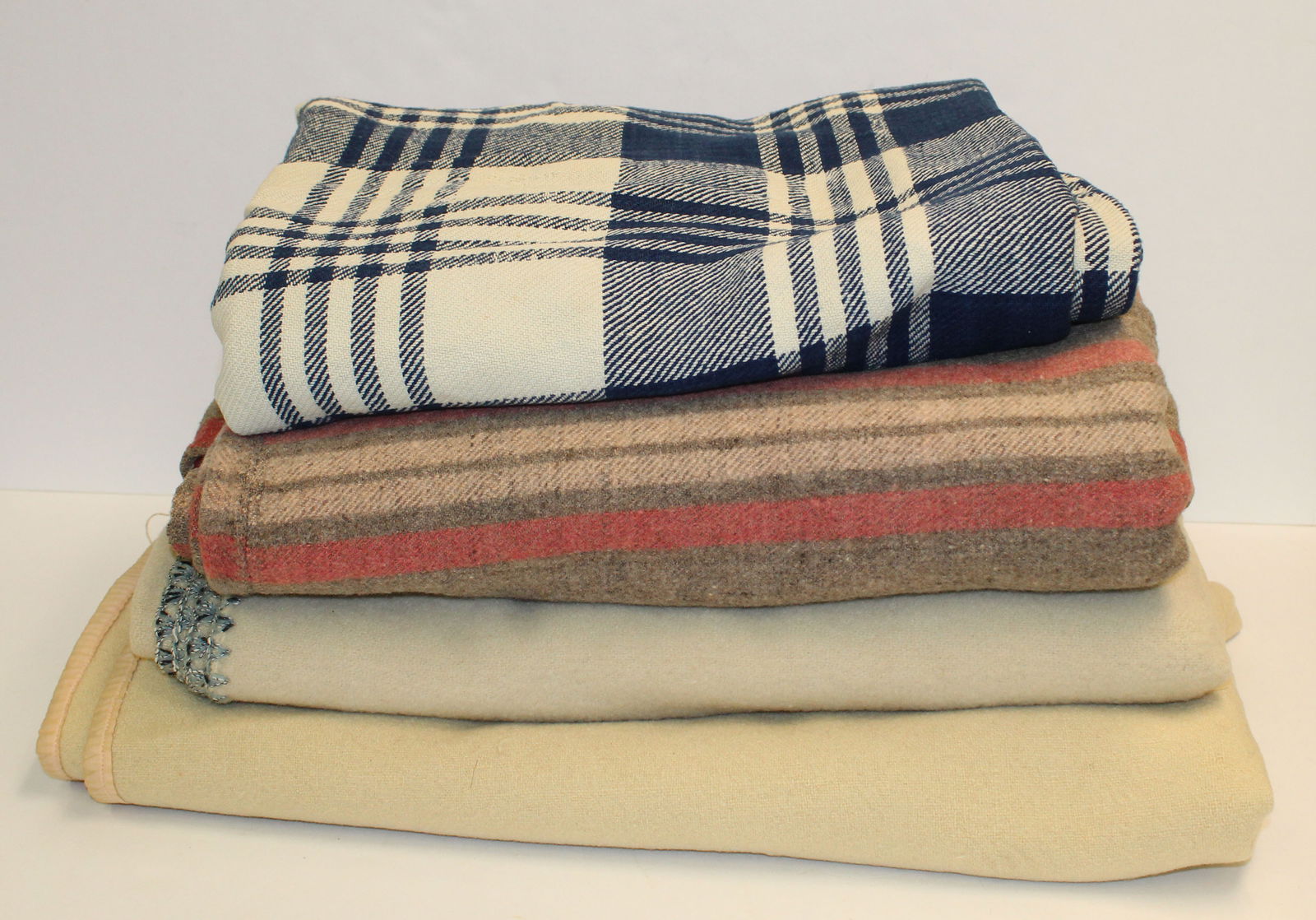 Lot of 4 antique wool blankets - as found - blue & white approx 76"x120"; coral, salmon & taupe (1 of 20)