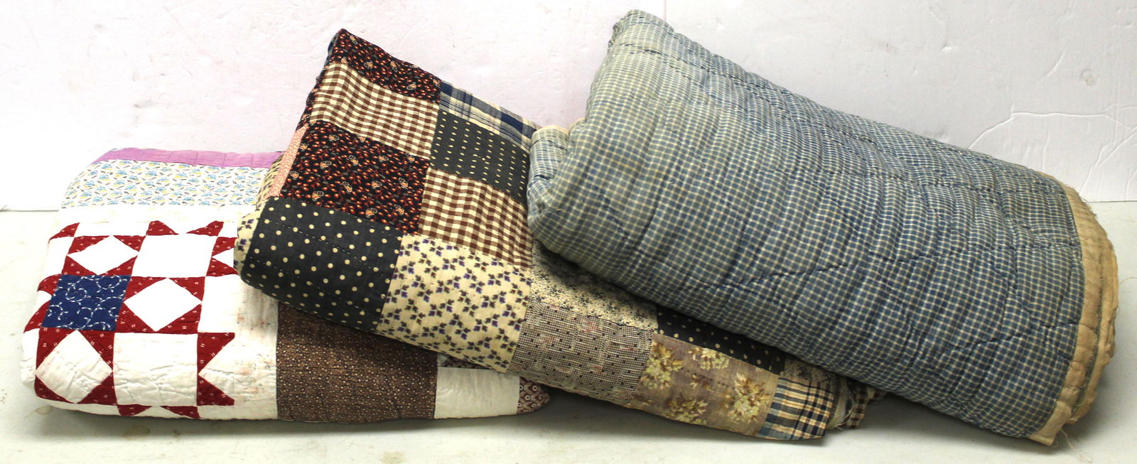 Lot of 3 antique quilts - as found -  blue & white approx 50"x66"; patchwork approx 70"x90" & stars (1 of 19)