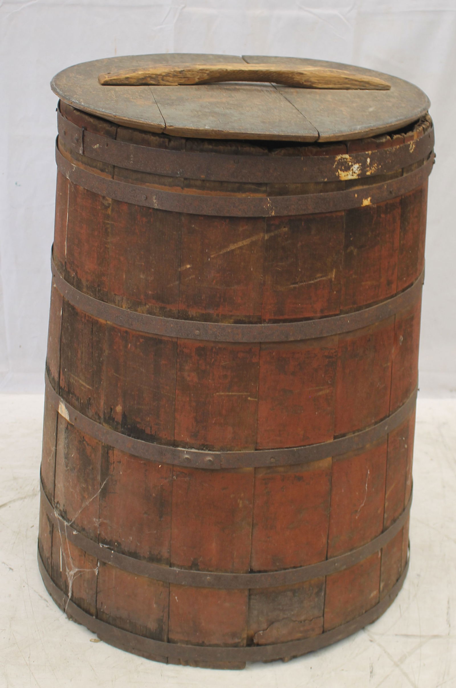 Antique large iron banded wooden staved barrel w lid in red paint - 19" diam x 29" tall (1 of 5)