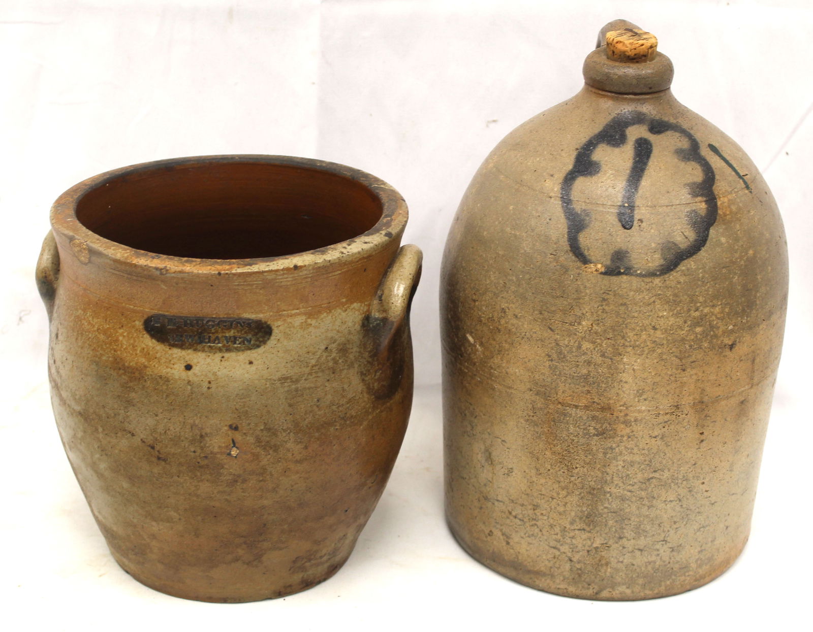 Lot of 2 stoneware ovoid items incl jar marked E.E. Huggins New Haven & jug w cobalt dec "1" - (1 of 8)
