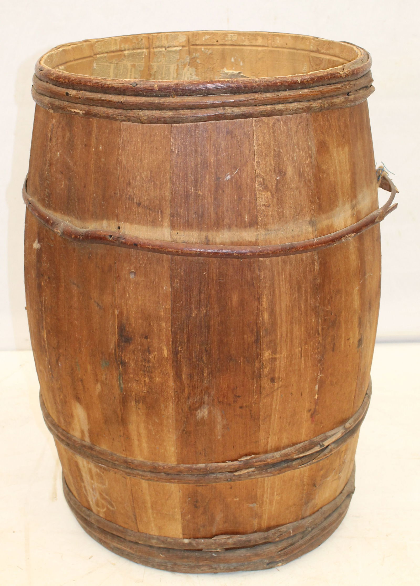 Antique large wooden staved barrel w twig banding - 18" diam x 27 1/2" tall (1 of 6)