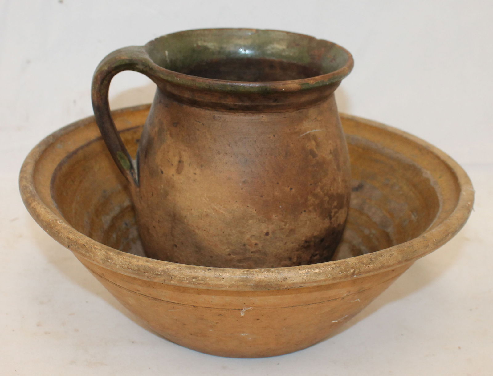 Lot of 2 stoneware items incl bowl & pitcher - 11" diam bowl & 6 1/2" tall pitcher (1 of 7)