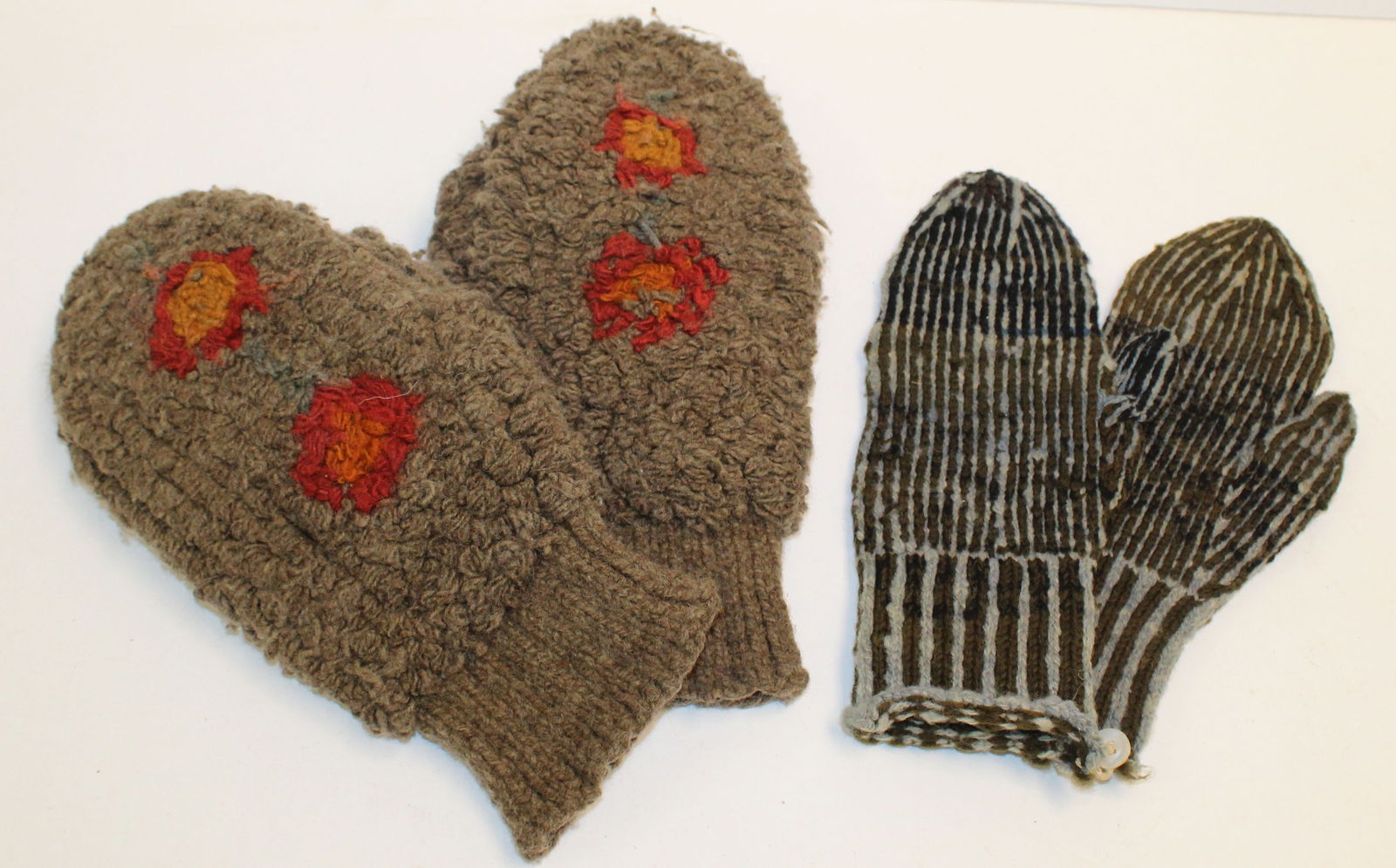 Lot of 2 prs of mittens incl lg 12" long heavy hooked pr (possibly Canadian) & an 11" long blue wool (1 of 5)