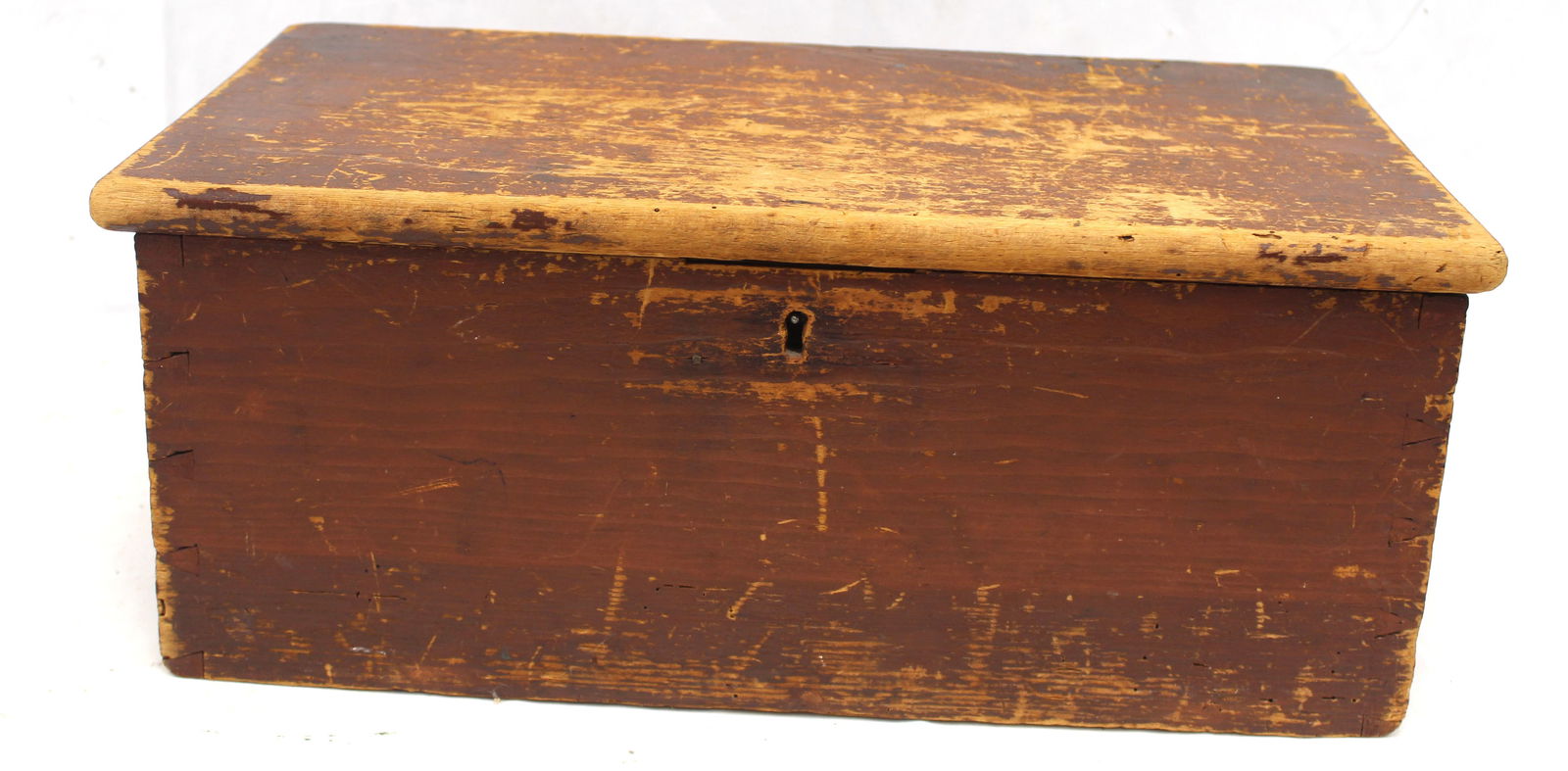 Antique wooden box in red paint w primitive candles inside - 7 1/2" tall x 18 3/4" wide x 10 1/2" (1 of 7)