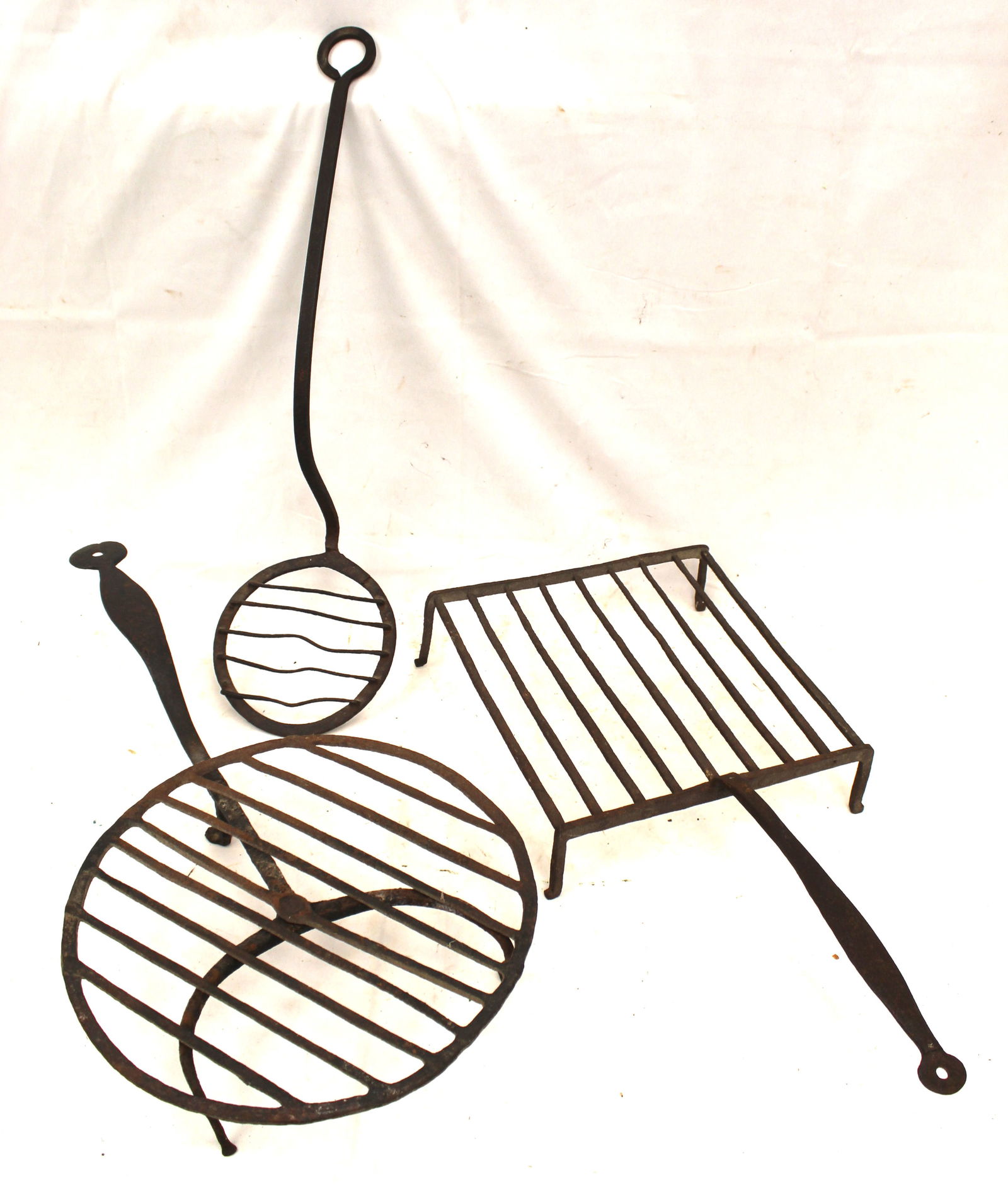 Lot of 3 antique iron items incl 2 broilers (1 rotating) & a griddle (1 of 5)