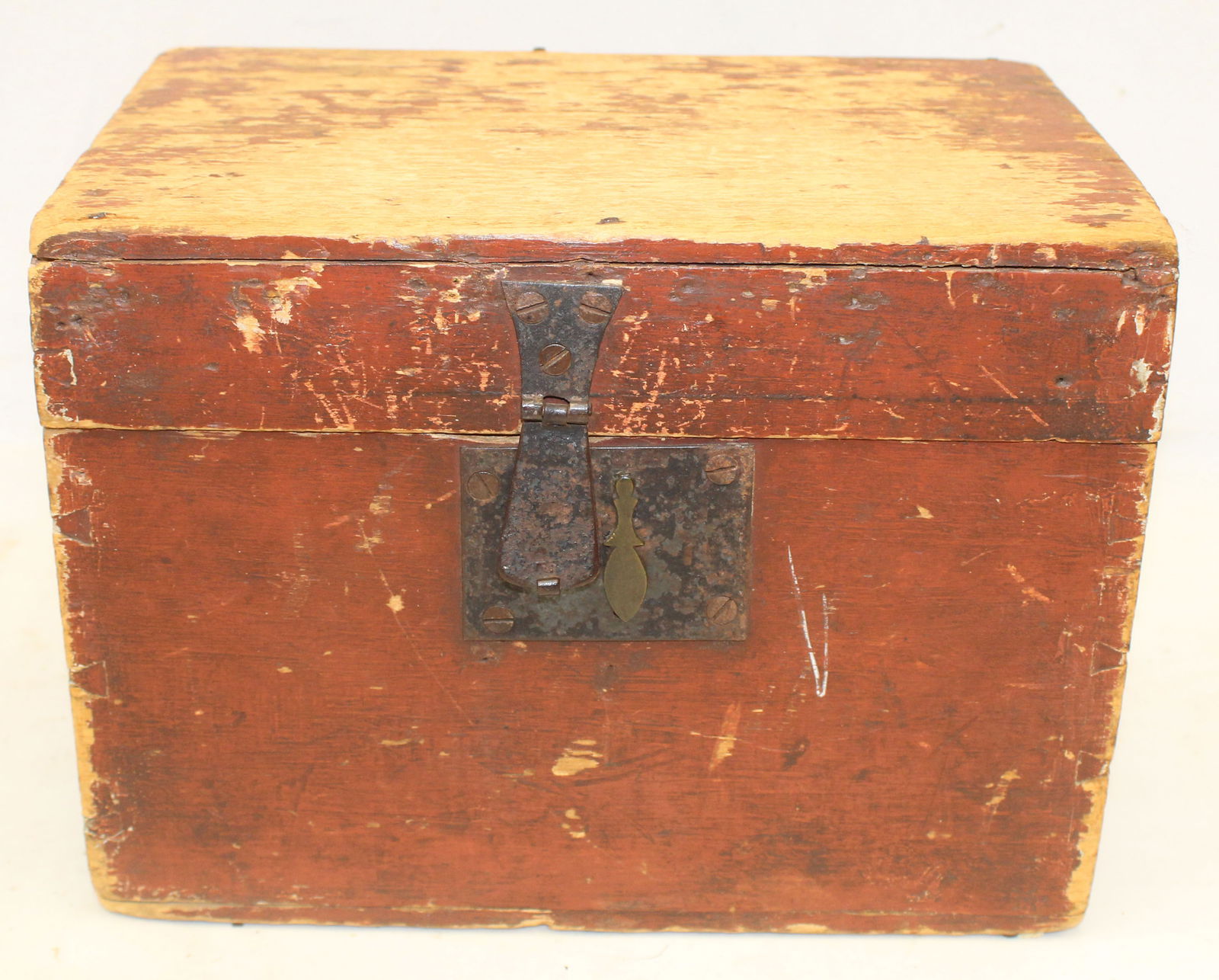 Antique wooden box in red paint w primitive candles inside - 8 1/2" tall x 11 1/2" wide x 8" deep (1 of 7)