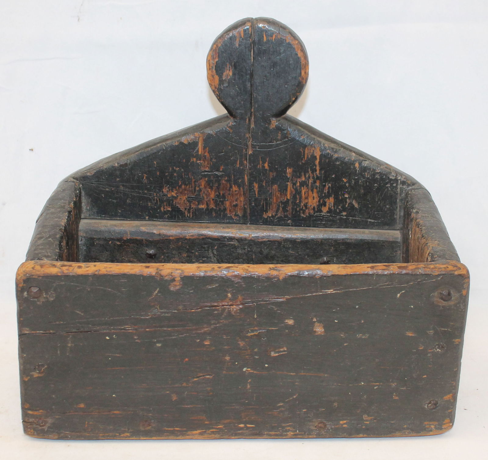 Antique wooden wall box in black paint w lollipop finial - 11 1/2" tall x 12 1/2" wide x 6" deep (1 of 7)