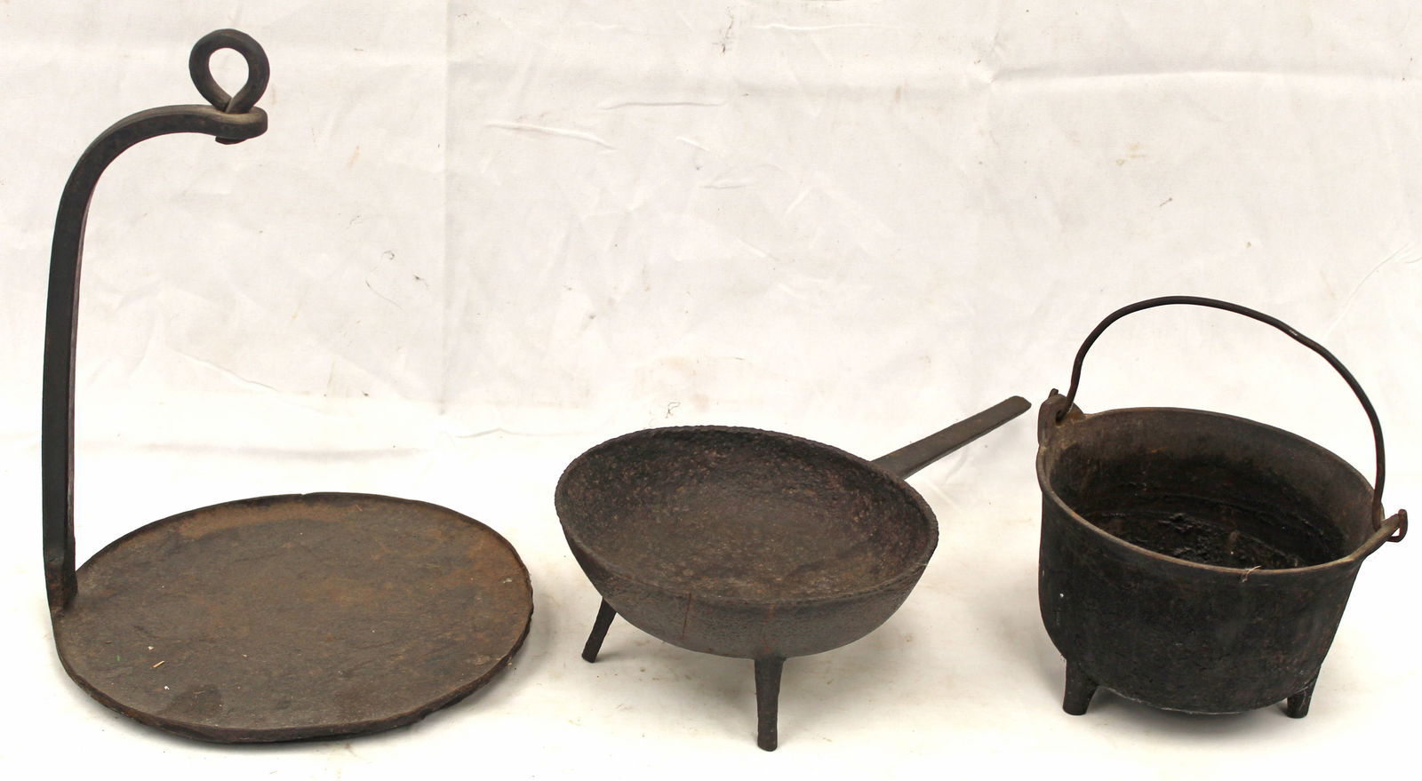 Lot of 3 pcs of antique iron cookware incl 3 legged spider small kettle & half handled hanging (1 of 4)