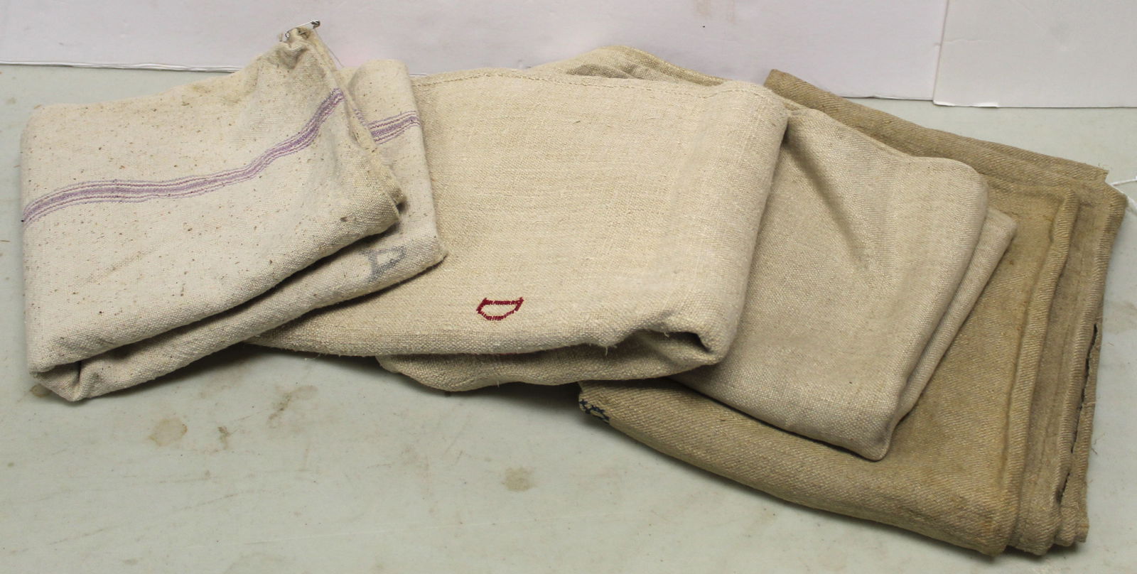 Lot of 4 antique textiles incl 3 linen bags (1 not sewn together) & a feed bag (1 of 6)