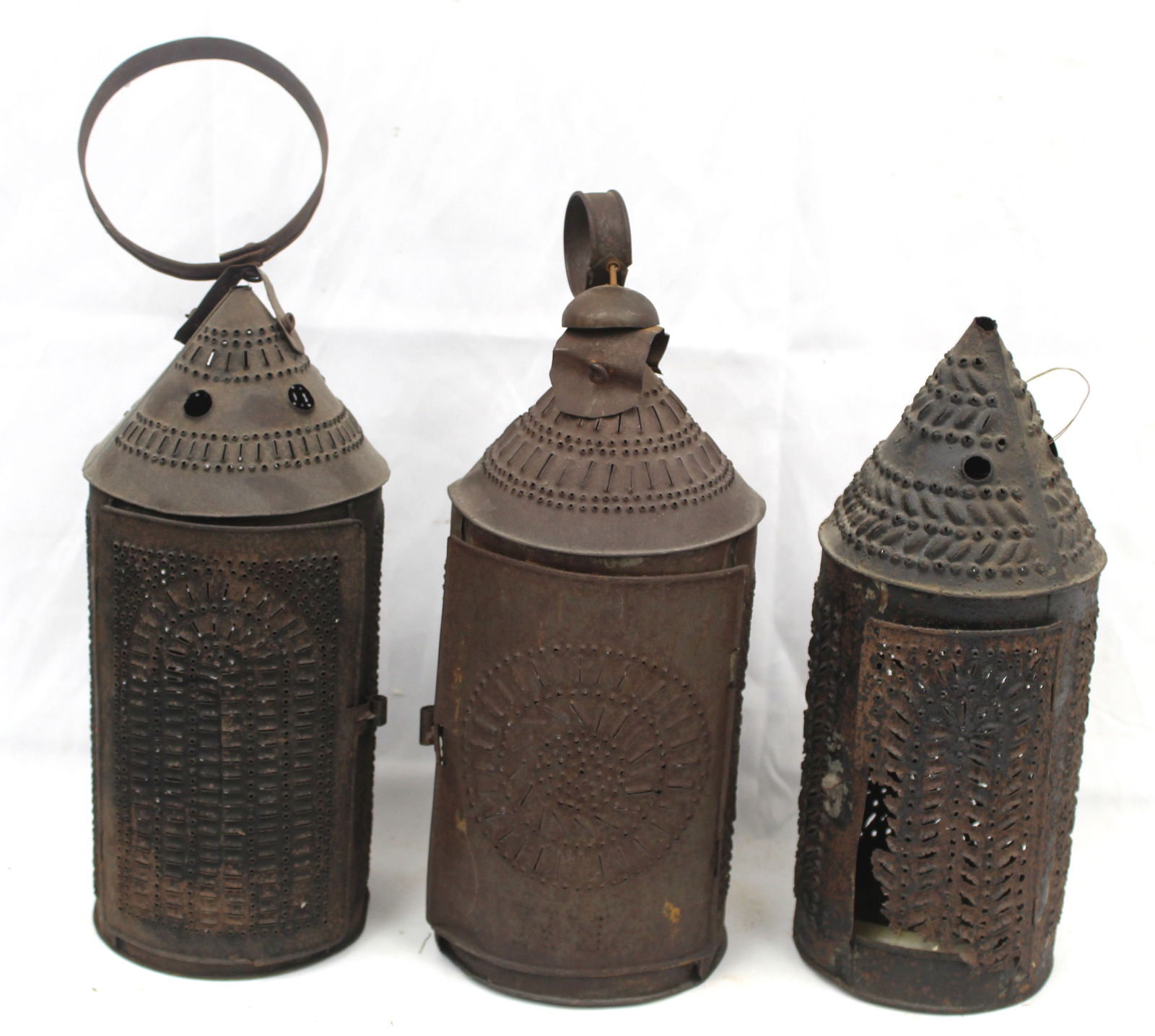 Lot of 3 antique pierced tin lanterns - approx 14" tall (1 of 6)