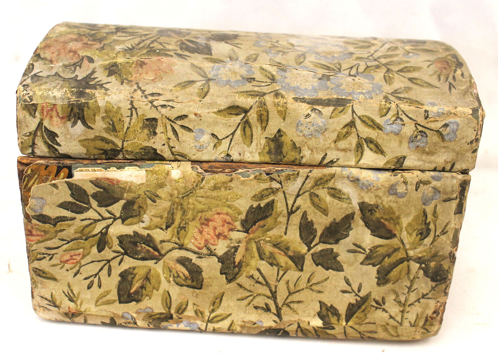 Antique dome top wallpaper box w early wallpaper on interior of lid - & small mouse hole on side (1 of 8)