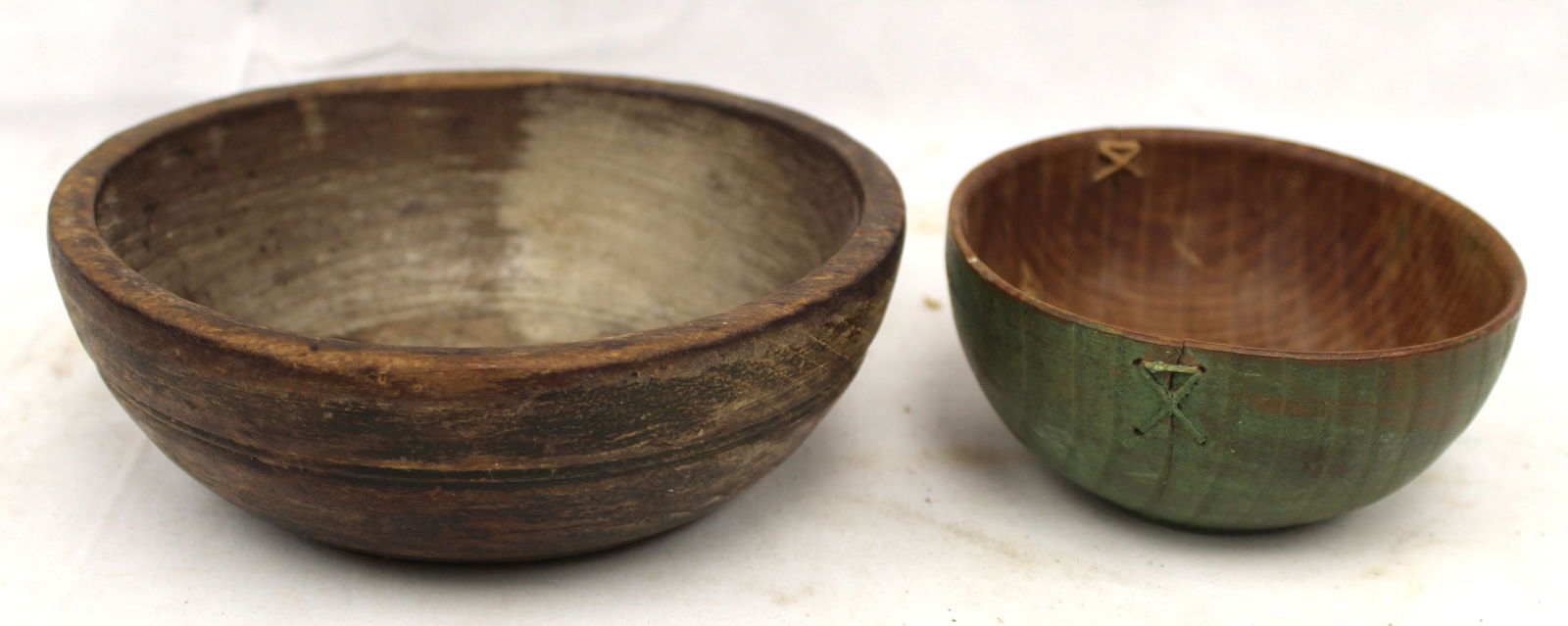 Lot of 2 small antique round wooden bowls - 1 in green paint, the other w traces of green - 6" & 4 (1 of 7)