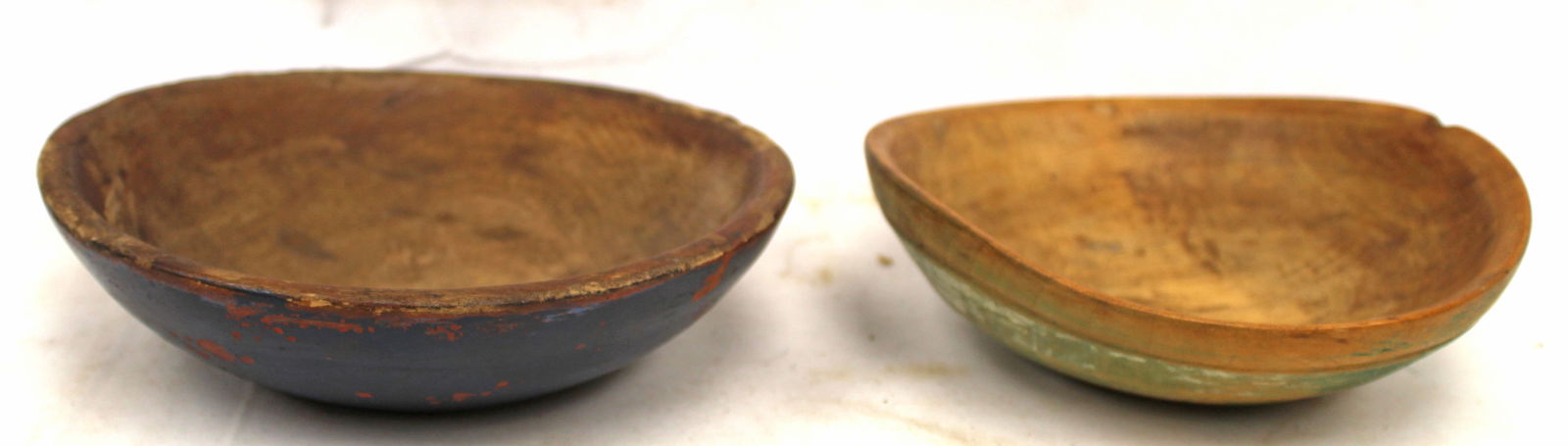 Lot of 2 antique round wooden bowls in green & blue paint - 6 1/2" & 6 3/4" diam (out of round) (1 of 3)