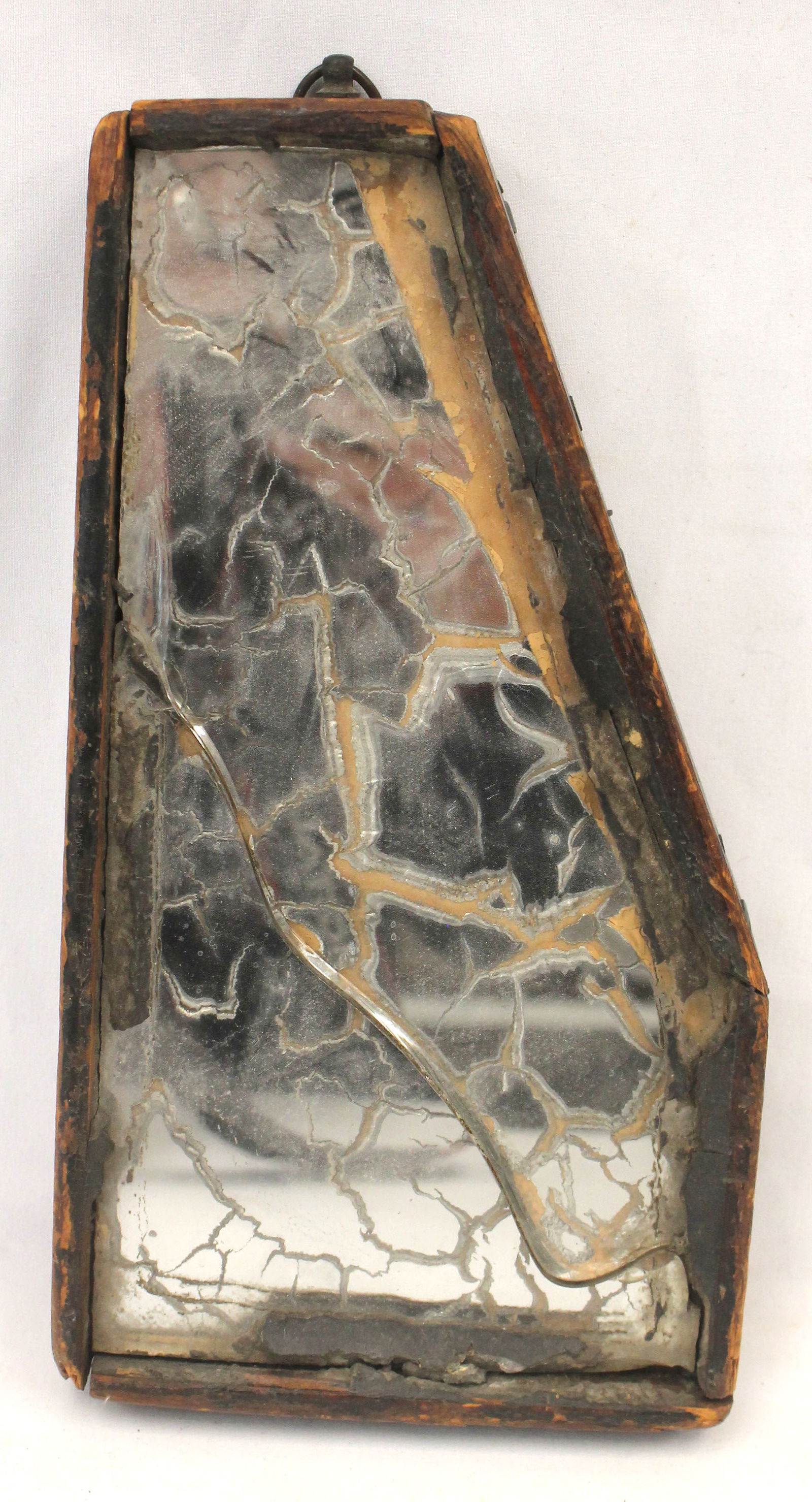 Unusual antique harp shaped small wood framed mirror in black paint - 9 3/4" tall x 5" wide (1 of 4)