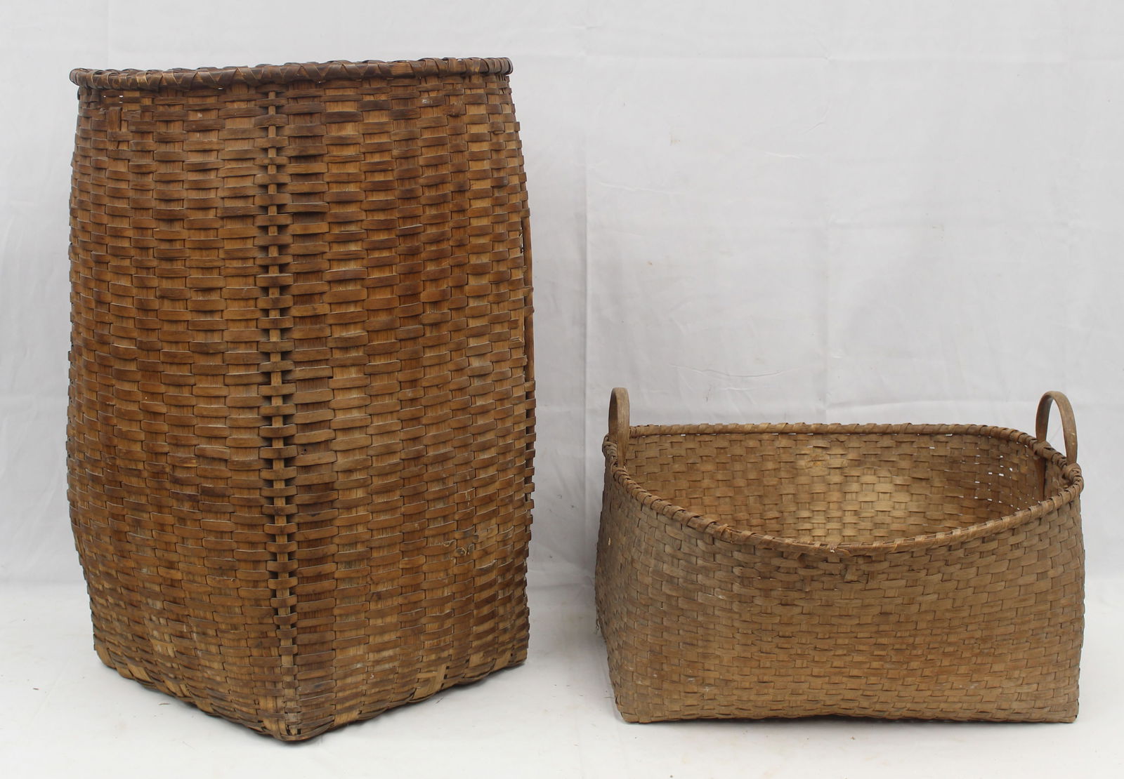 Lot of 2 large antique utility baskets - as found - 28" tall x 20" diam & 10 1/2" tall x 21"x22" (1 of 7)