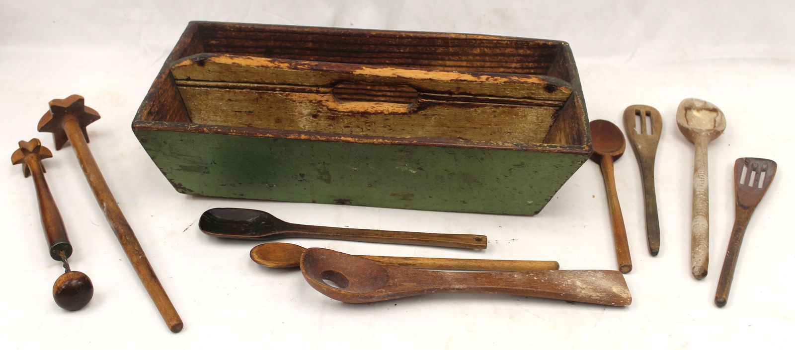 Antique utility tote in green paint w misc wooden spoons, etc - 4" tall x 18"x10" (1 of 7)