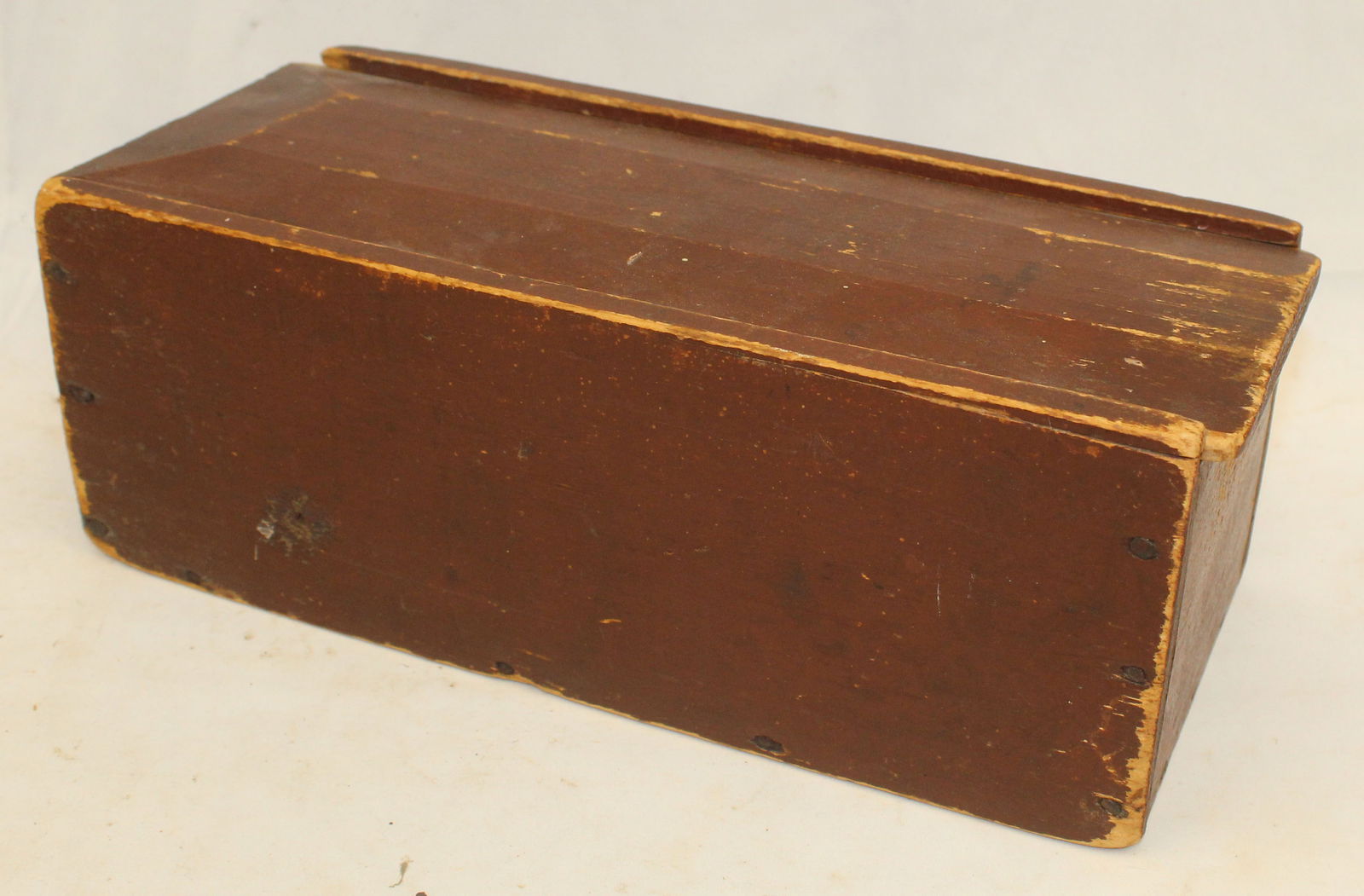 Antique slide top candle box in red paint w 24 primitive candles inside - 5" tall x 13"x6" (1 of 6)