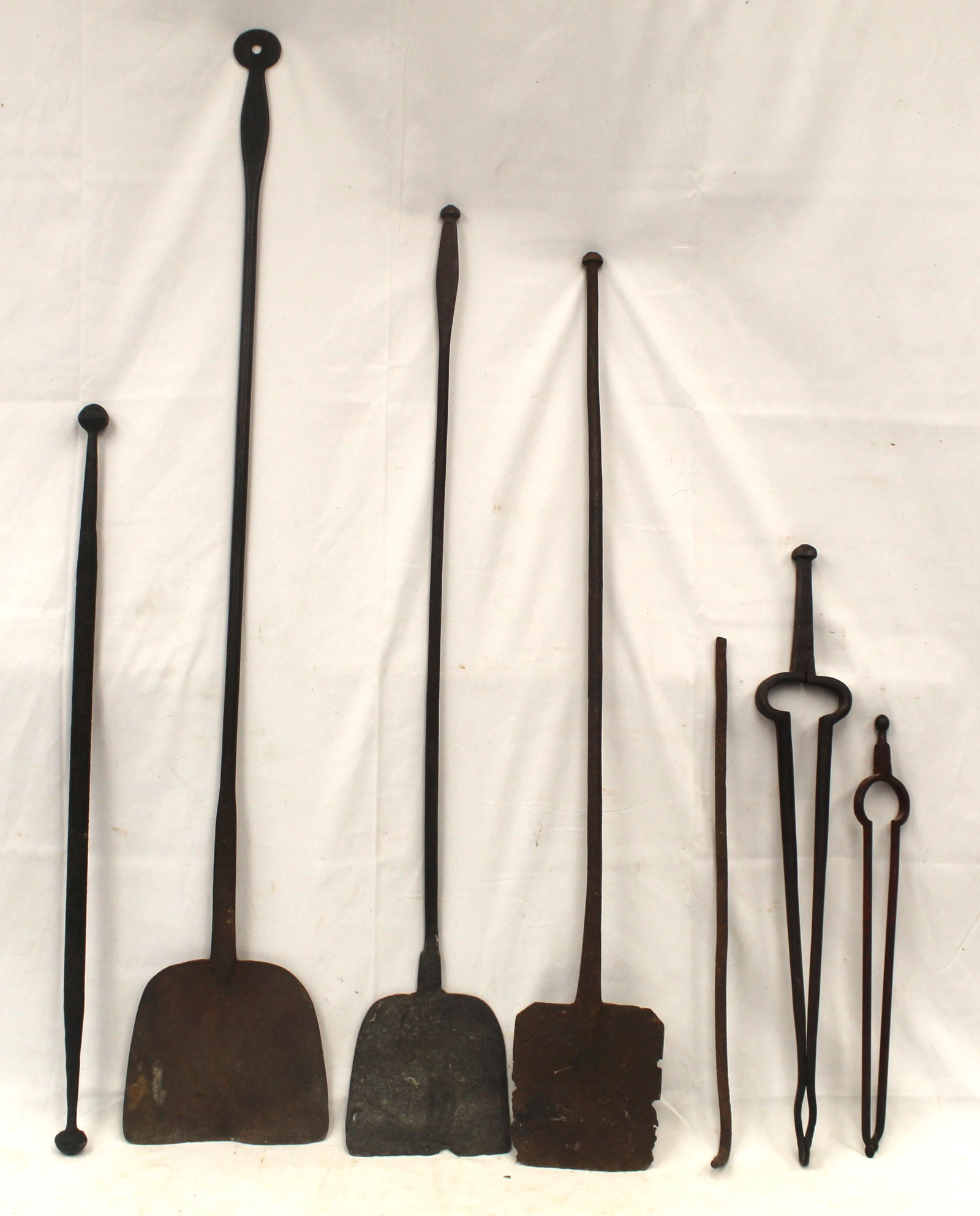 Lot of antique iron incl 3 peels plus fireplace tongs & shovel, etc - 17" tongs - 46" tall peel: Lot of antique iron incl 3 peels plus fireplace tongs & shovel, etc - 17" tongs - 46" tall peel