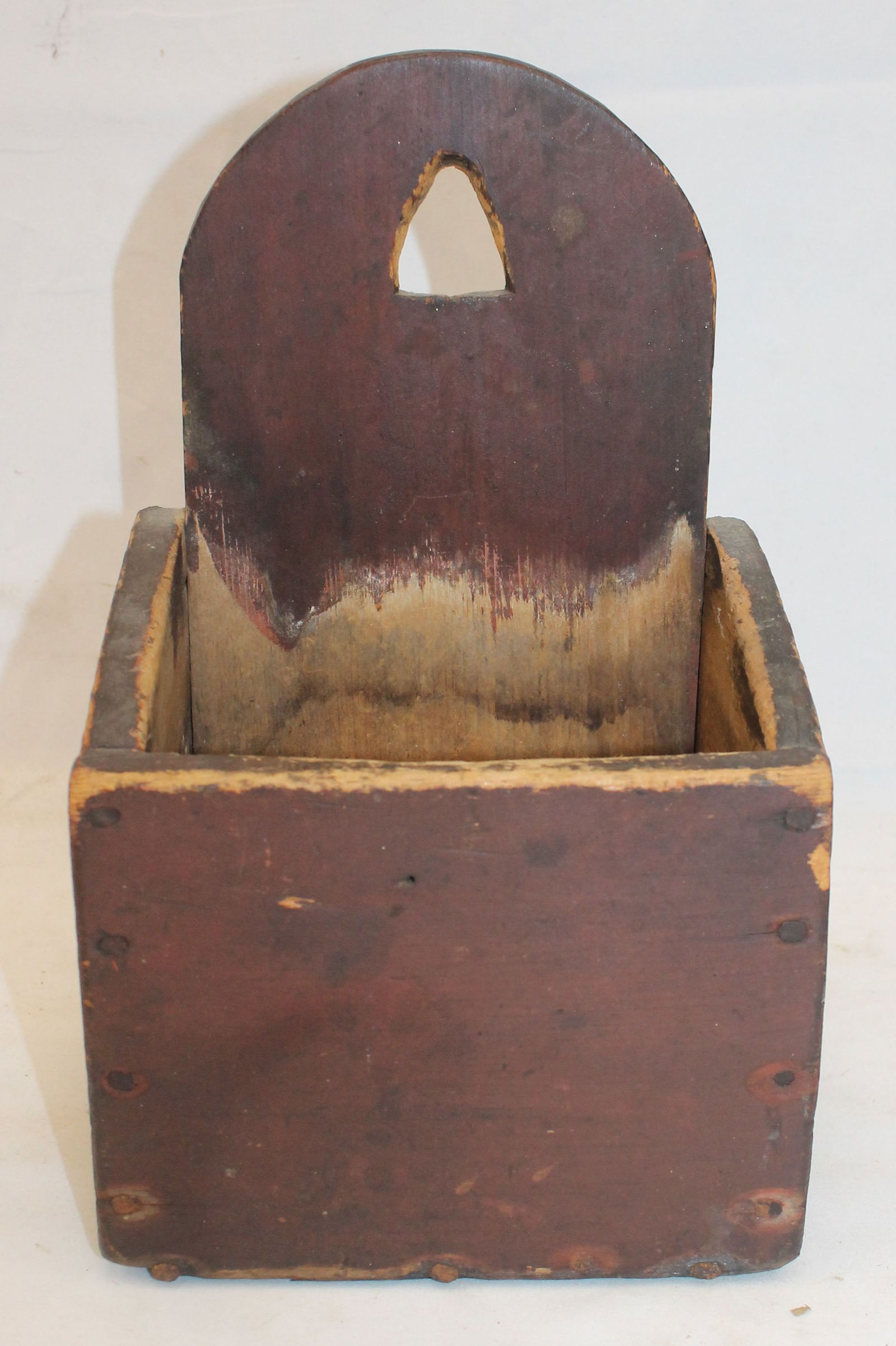 Antique wall box w tombstone back & triangular cutout in red paint - 11 1/2" tall x 7" wide x 6" (1 of 4)