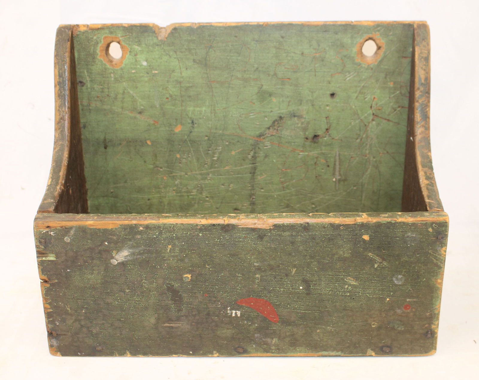 Antique wall box in green paint - 9 1/4" tall x 11 3/4" wide x 5" deep (1 of 6)