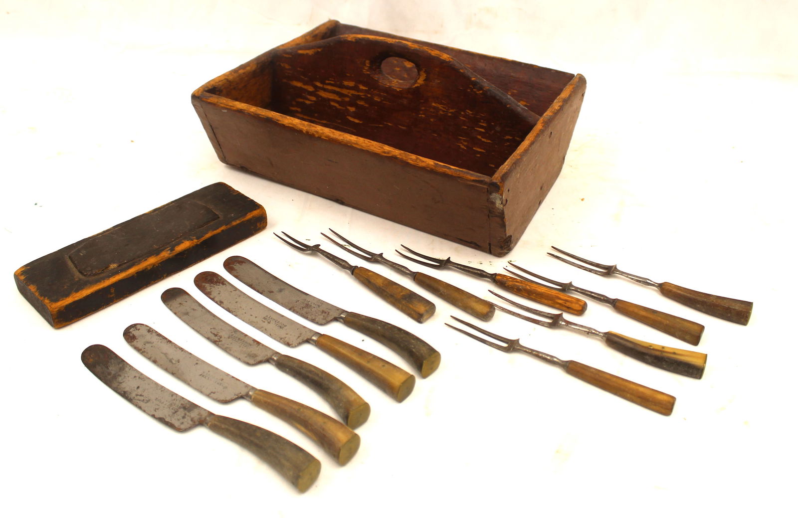 Antique utility tote in red paint w antique knives & whet stone inside - 5" tall x 11 1/2"x10" (1 of 8)