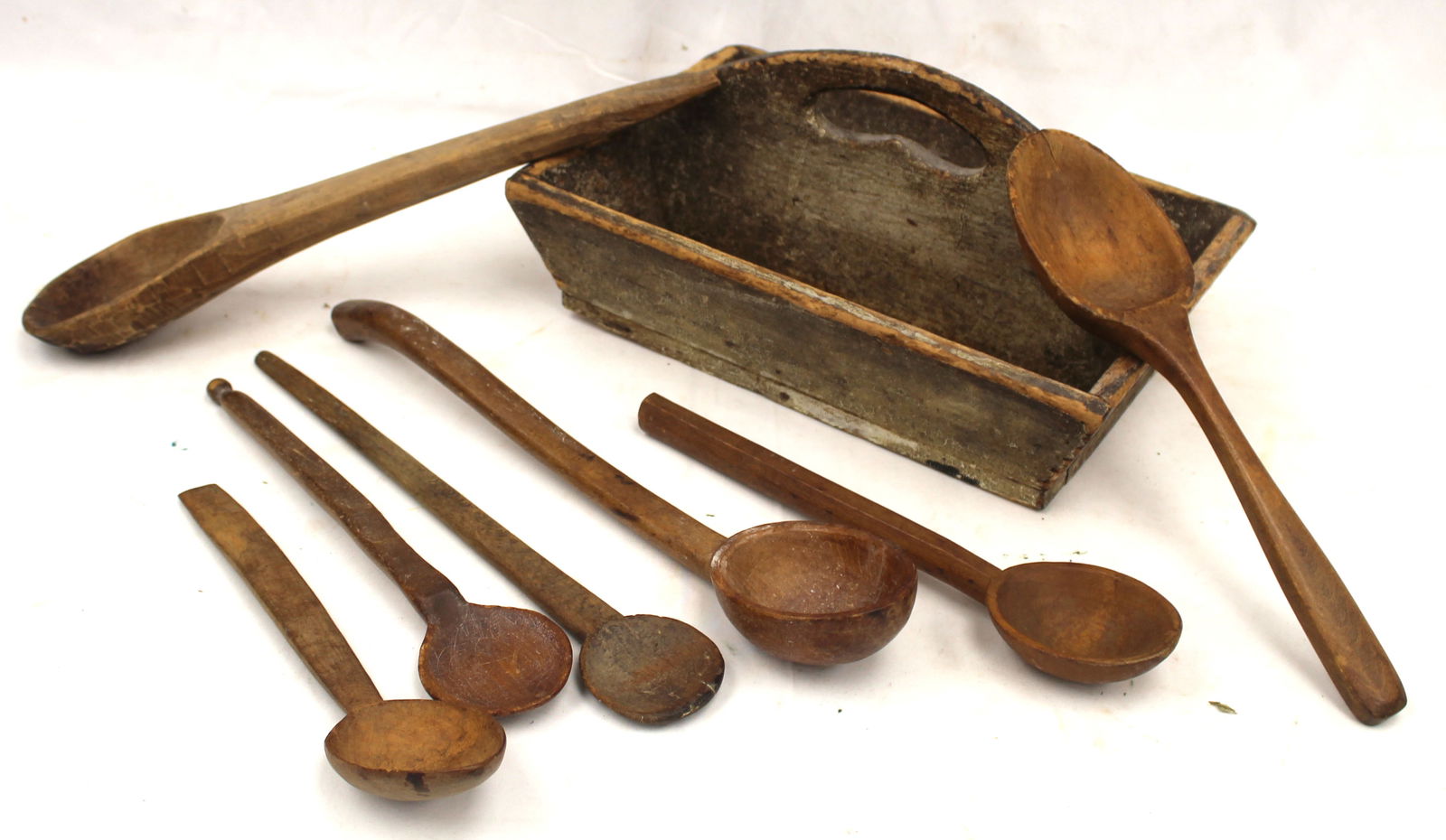 Antique utility tote in red paint w wooden spoons inside - 6" tall x 12 1/2"9" (1 of 6)