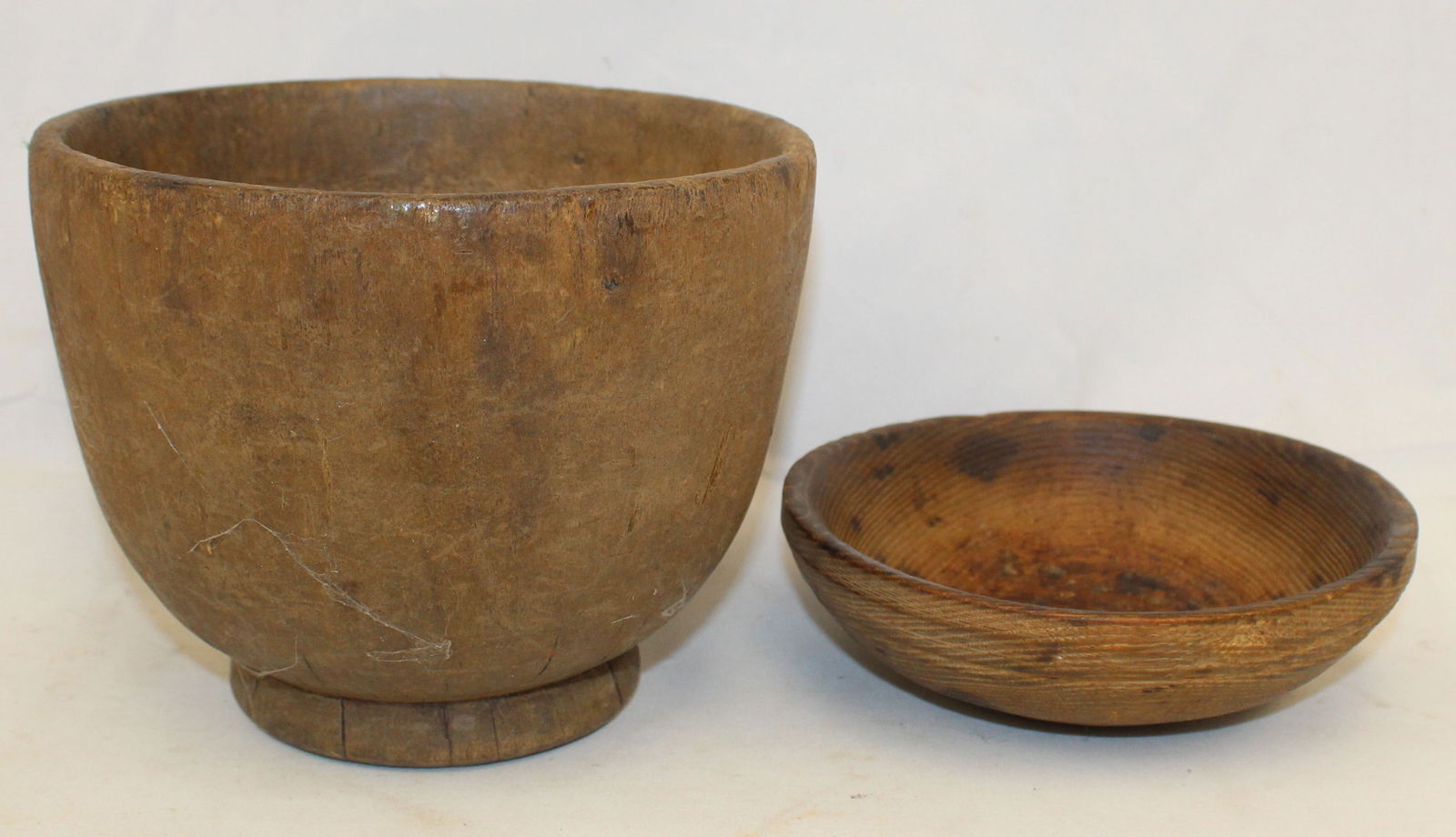 Lot of 2 antique wooden bowls in unpainted surfaces incl 1 deep example - 6 3/4" diam x 5 1/2tall & (1 of 4)
