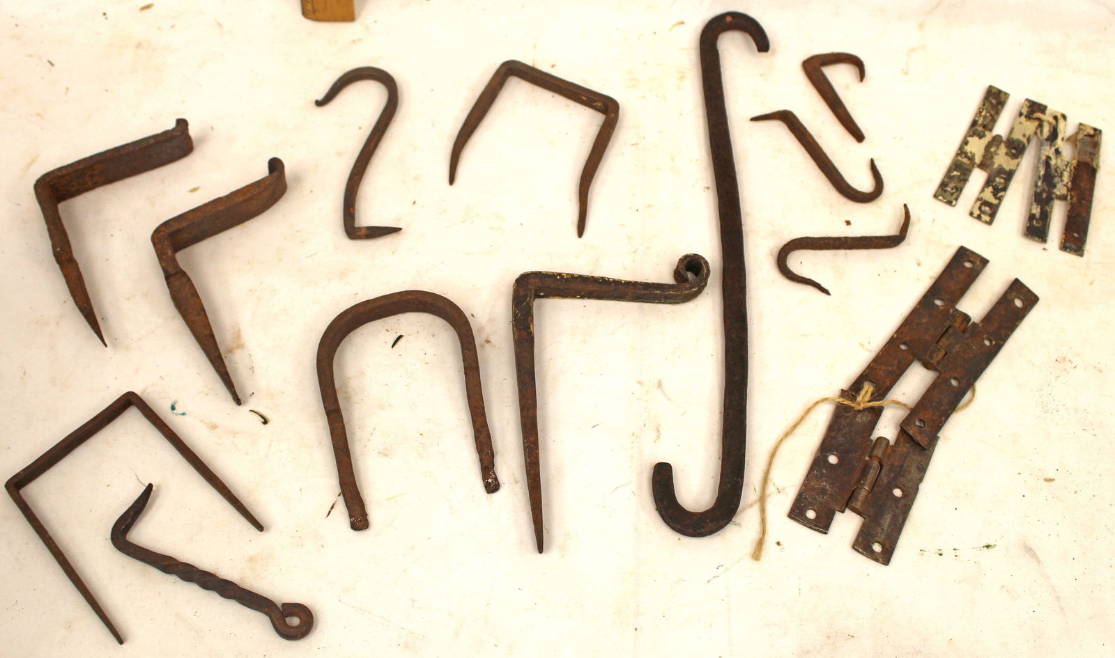 Lot of antique iron S hooks, H hinges, staples, latches, beam hooks, etc - 4"-14" long (1 of 10)
