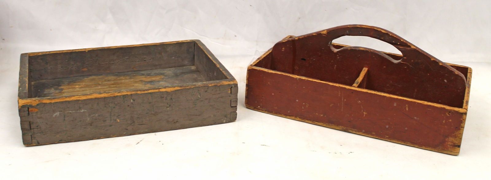 Lot of 2 antique utility totes incl a handled example w divided interior in red paint & a flat tray (1 of 6)