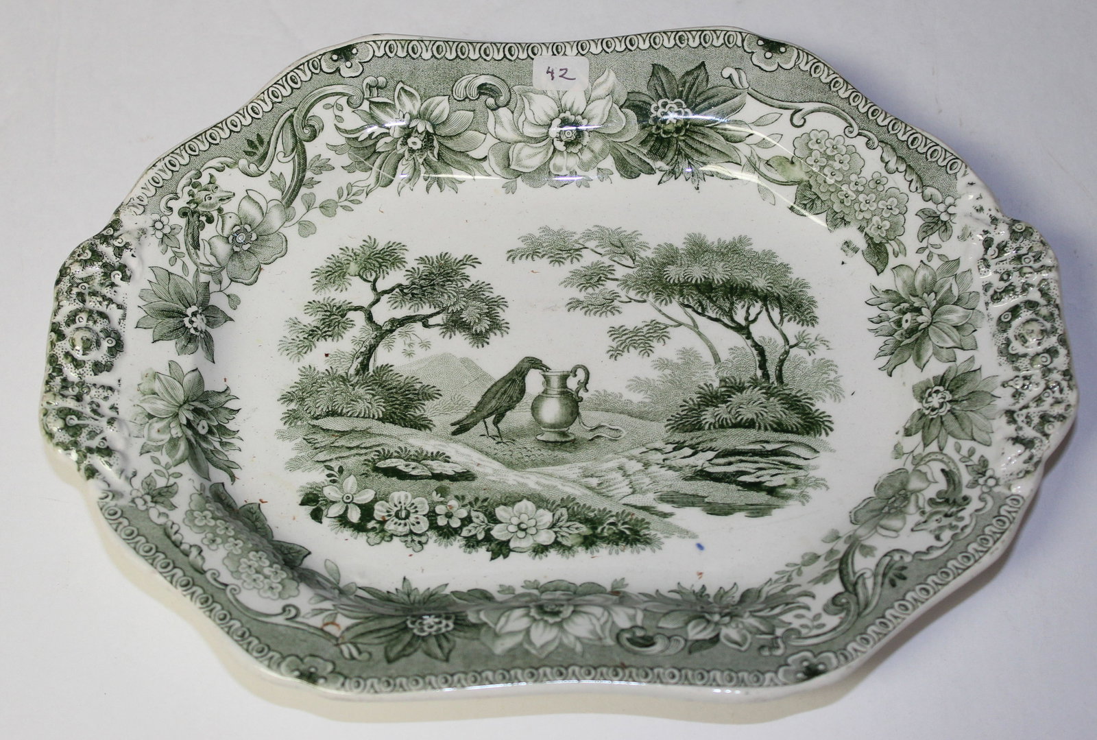 ca 1835 Green Aesop's Fables condiment dish "The Crow and the Pitcher" by Spode - 8 3/8" x 6 1/4": ca 1835 Green Aesop's Fables condiment dish "The Crow and the Pitcher" by Spode - 8 3/8" x 6 1/4"