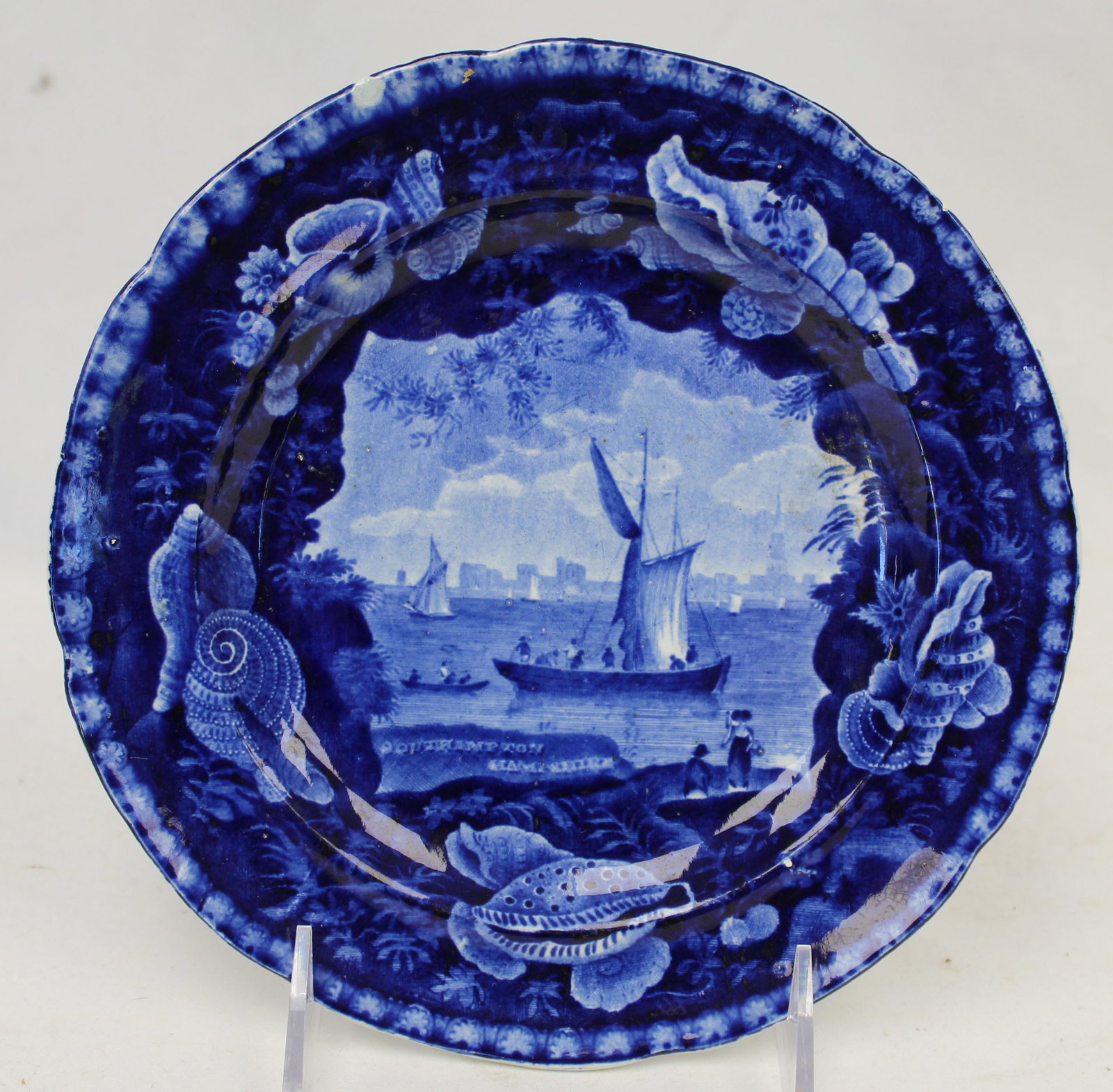 Dark Blue Historical plate "Southampton, Hampshire" w shell border & irregular center by Enoch Wood (1 of 8)