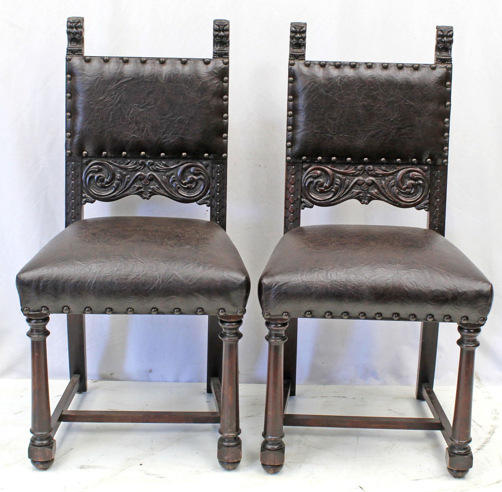 Set of 4 antique carved French side chairs w grotesque figural finials & brown leather upholstered (1 of 12)