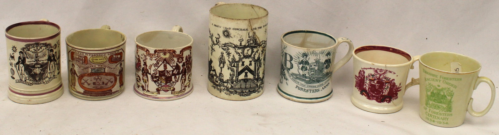 Group of 7 antique Oddfellows & AOF themed mugs w transfer dec: Group of 7 antique Oddfellows & AOF themed mugs w transfer dec