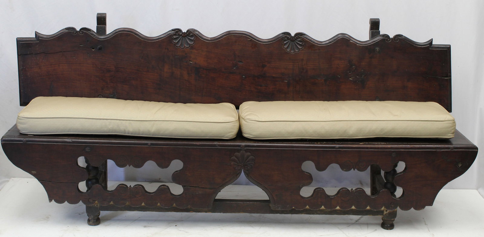 18thC French provincial carved walnut bench w 2 upholstered cushions - 82" long x 35" tall x 16" (1 of 11)