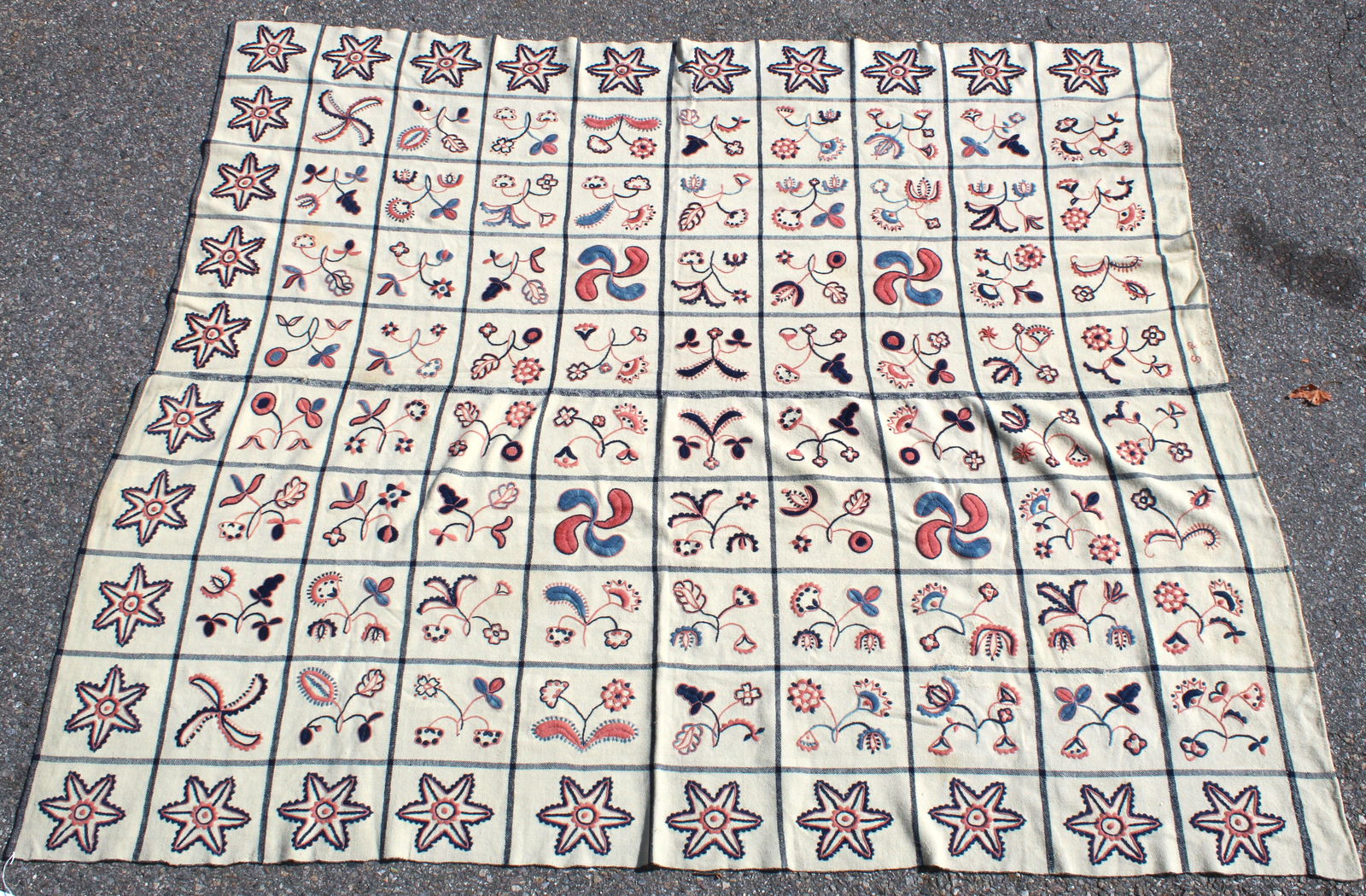 Wonderful antique wool homespun w center seam & embroidered pink & blue floral decoration - 78"x88" (1 of 13)