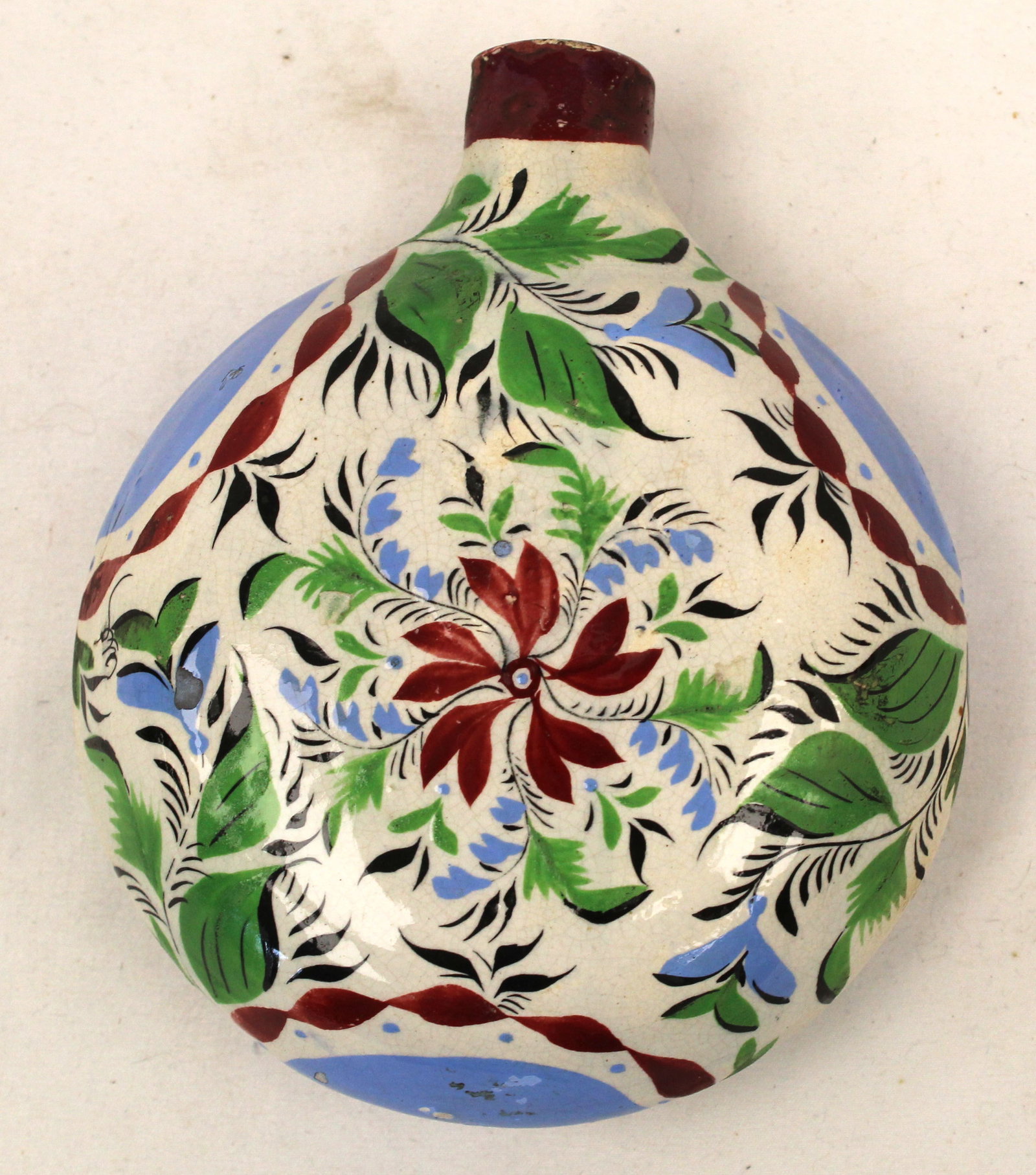 Wonderfully painted early 19thC Staffordshire round whiskey flask - approx 5" wide (1 of 7)