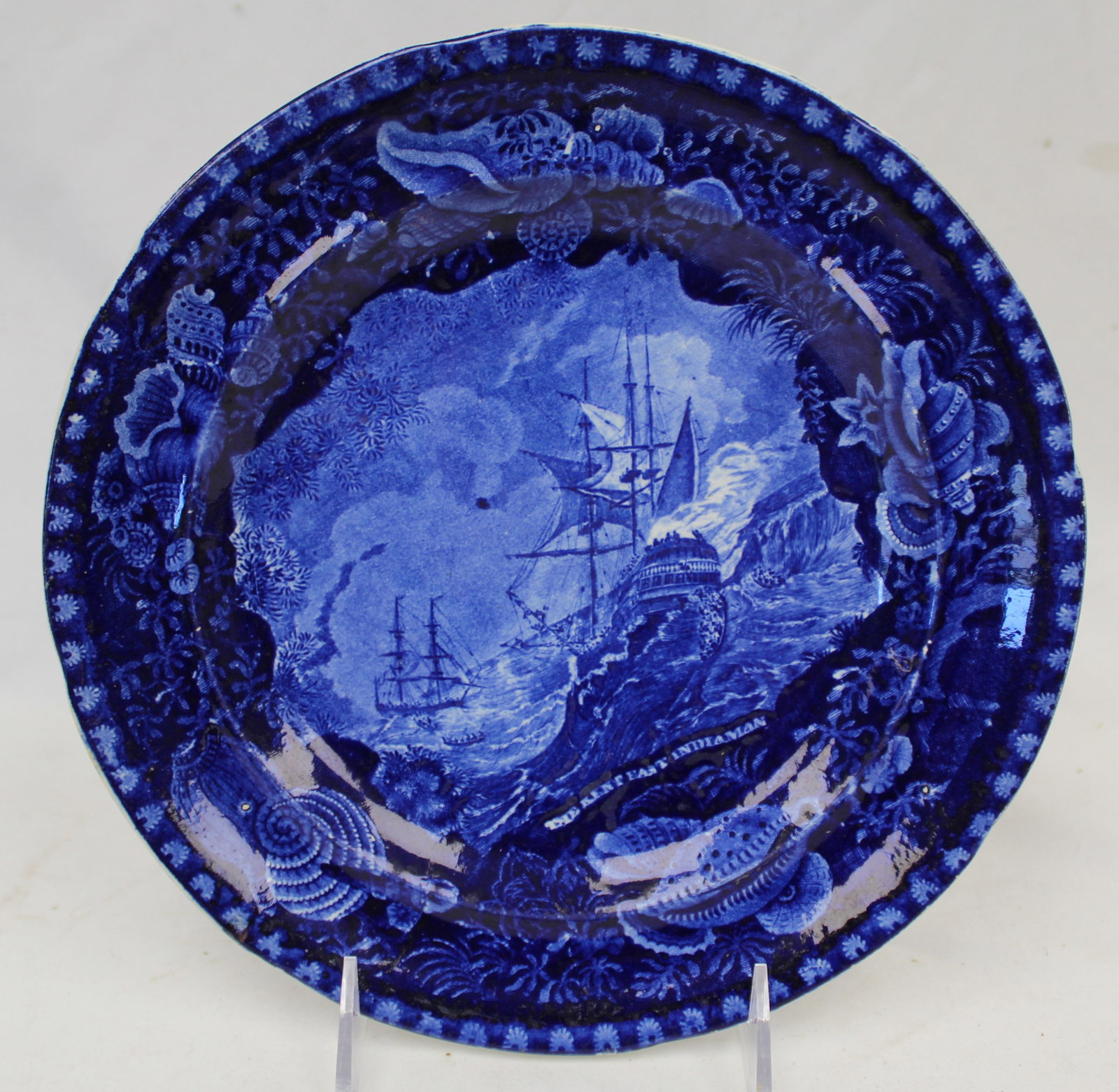 Dark Blue Historical plate "The Kent East Indiaman" w shell border & circular center by Enoch Wood & (1 of 8)