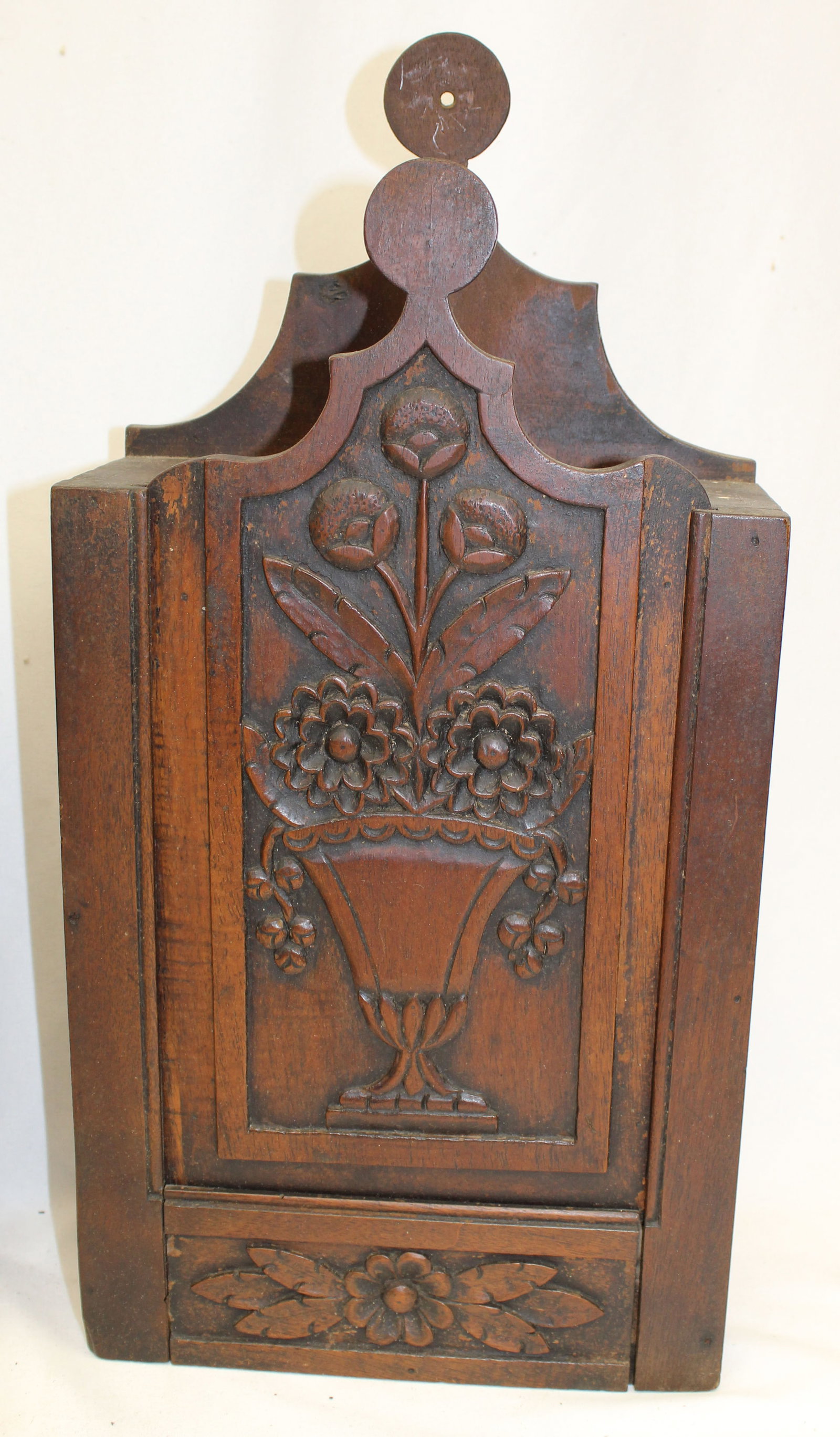 18thC carved walnut Farinier w slide top front - 19" tall x 9 1/4" wide x 4" deep: 18thC carved walnut Farinier w slide top front - 19" tall x 9 1/4" wide x 4" deep