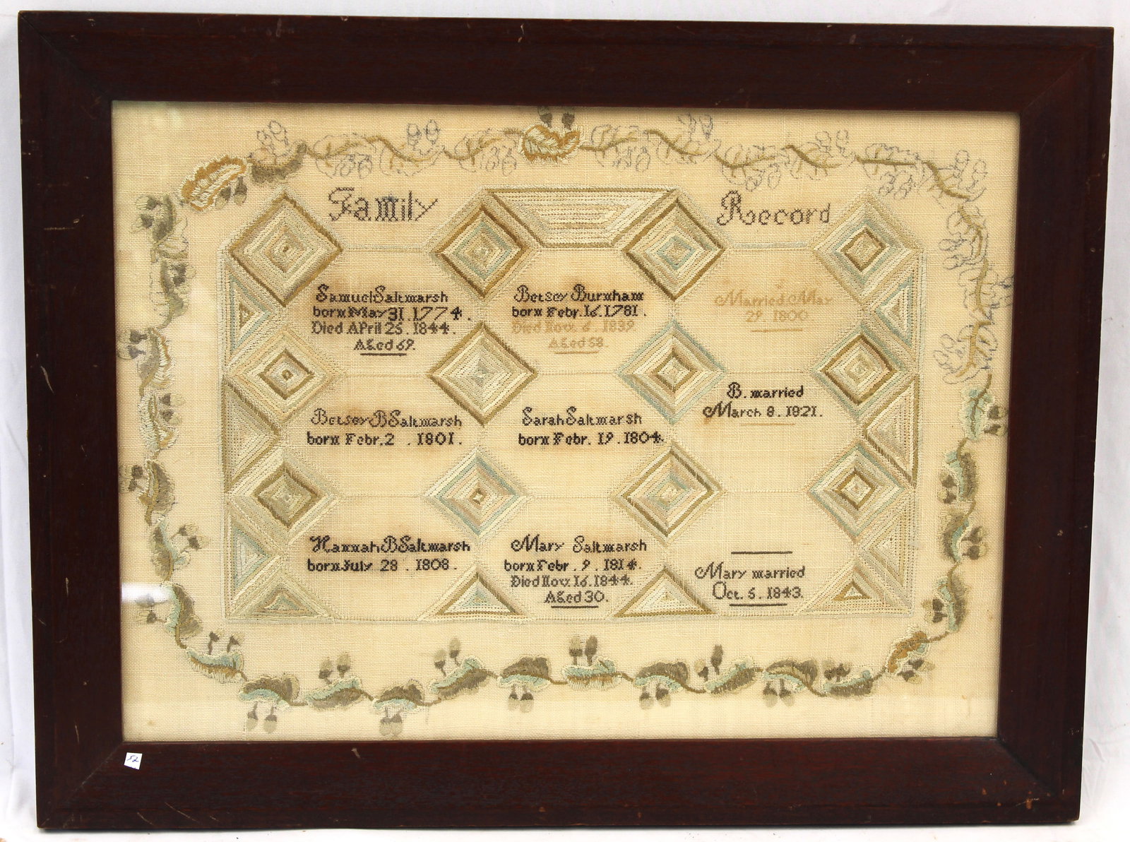 Saltmarsh Family Register from Goffstown, NH dated 1844 - overall framed size 18 1/2"x24" (1 of 11)