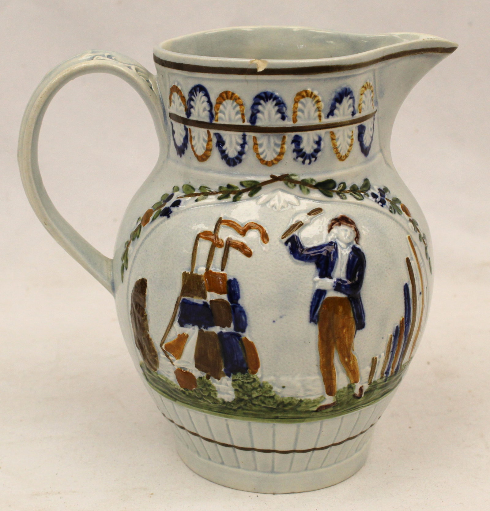 ca 1820 Pearlware glazed pitcher w raised Pratt decoration 2 ships, lion, sailor, a woman holding a: ca 1820 Pearlware glazed pitcher w raised Pratt decoration 2 ships, lion, sailor, a woman holding a trident & flowers - 6 5/8" tall - very short hairline at top