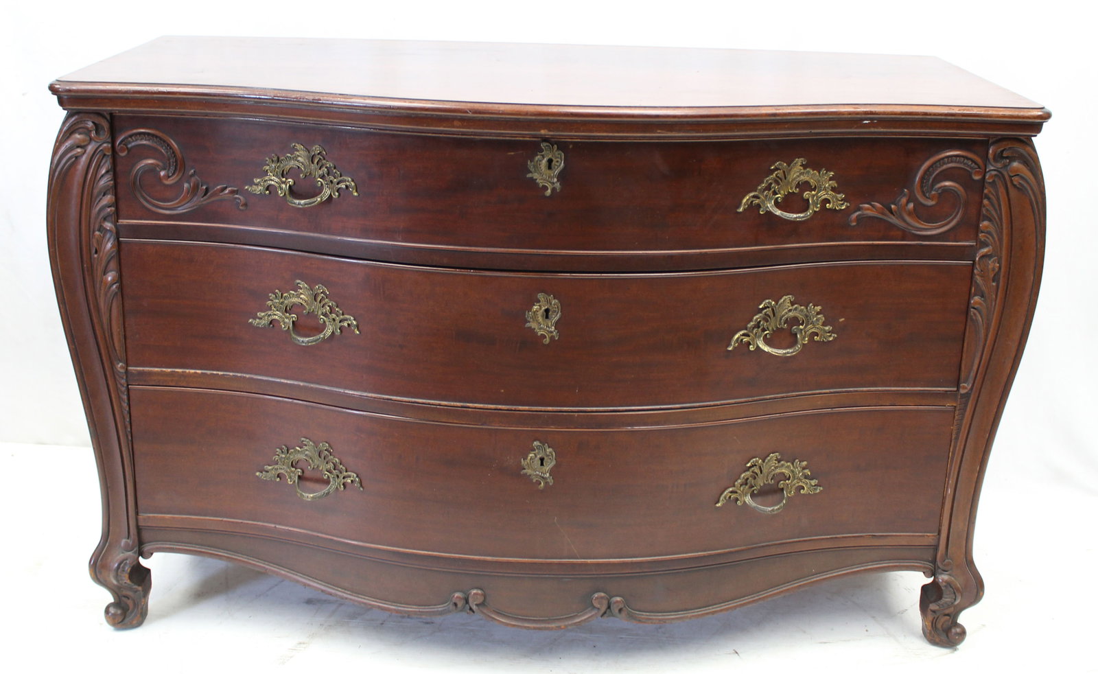 Antique carved mahogany serpentine front 3 drawer dresser - 32" tall x 51 1/2" wide x 25 3/4" deep (1 of 6)