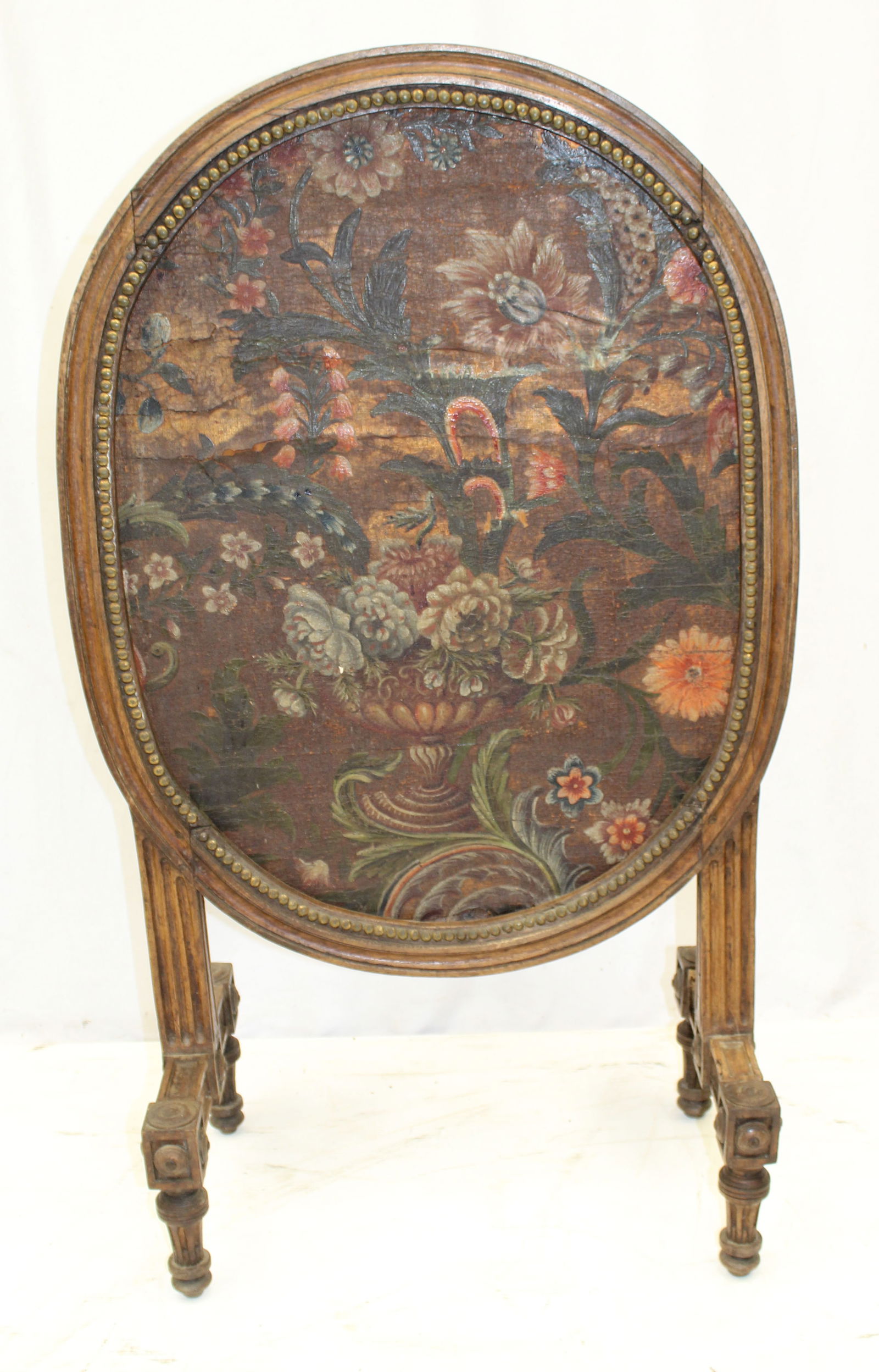 Antique French carved walnut fireplace screen w painted screen - 41 1/2" tall x 24 1/2" wide (1 of 7)