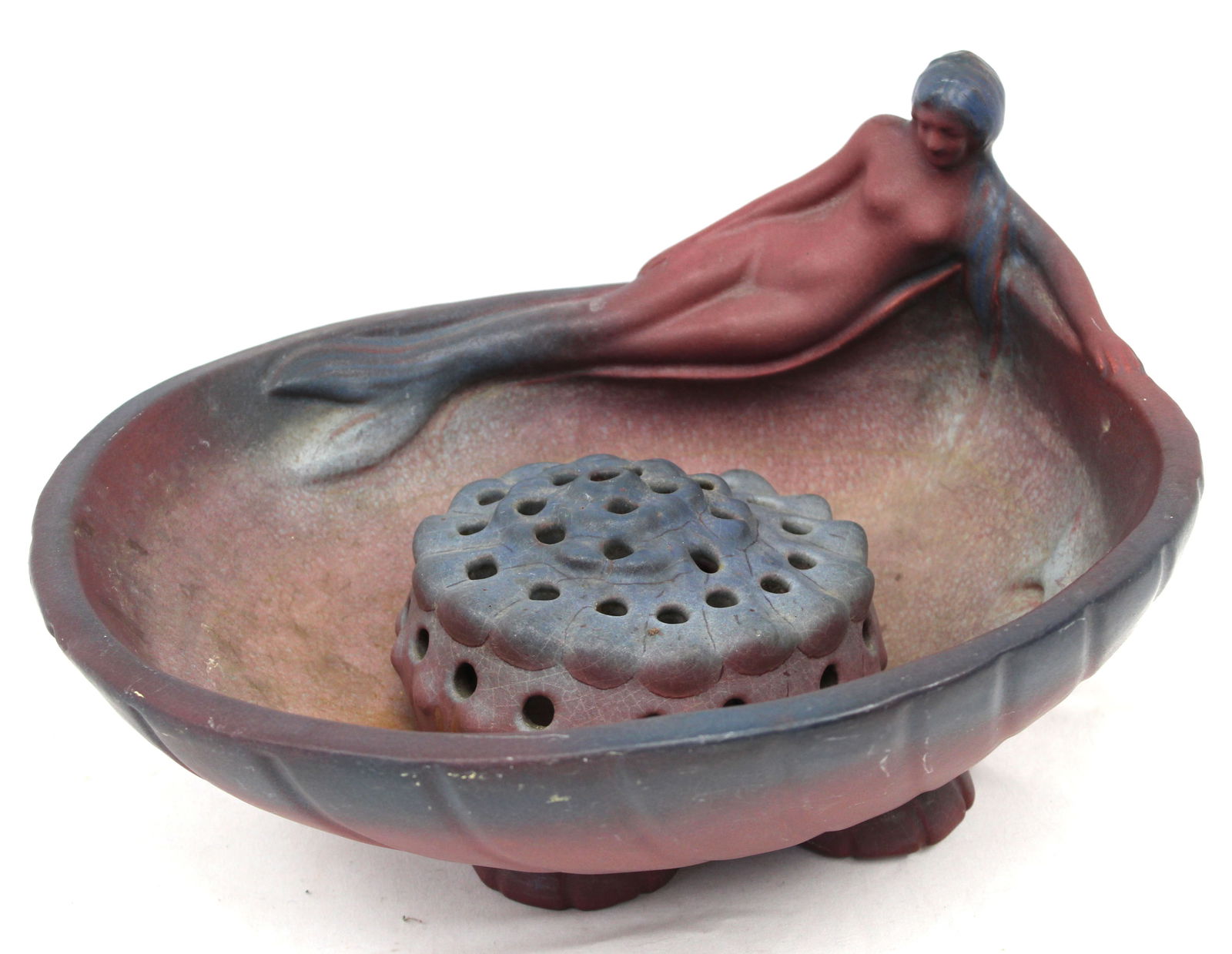 Beautiful signed Van Briggle “Siren of the Sea" mulberry flower bowl - 15"x12 1/2" - flower frog: Beautiful signed Van Briggle “Siren of the Sea” mulberry flower bowl - 15"x12 1/2" - flower frog is approx 6 1/2"x5 1/2"