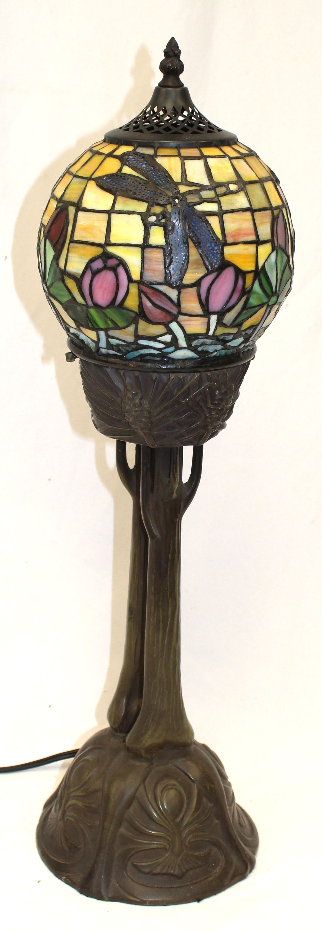 Contemporary leaded glass boudoir lamp w dragonfly decoration - 25" tall (1 of 6)