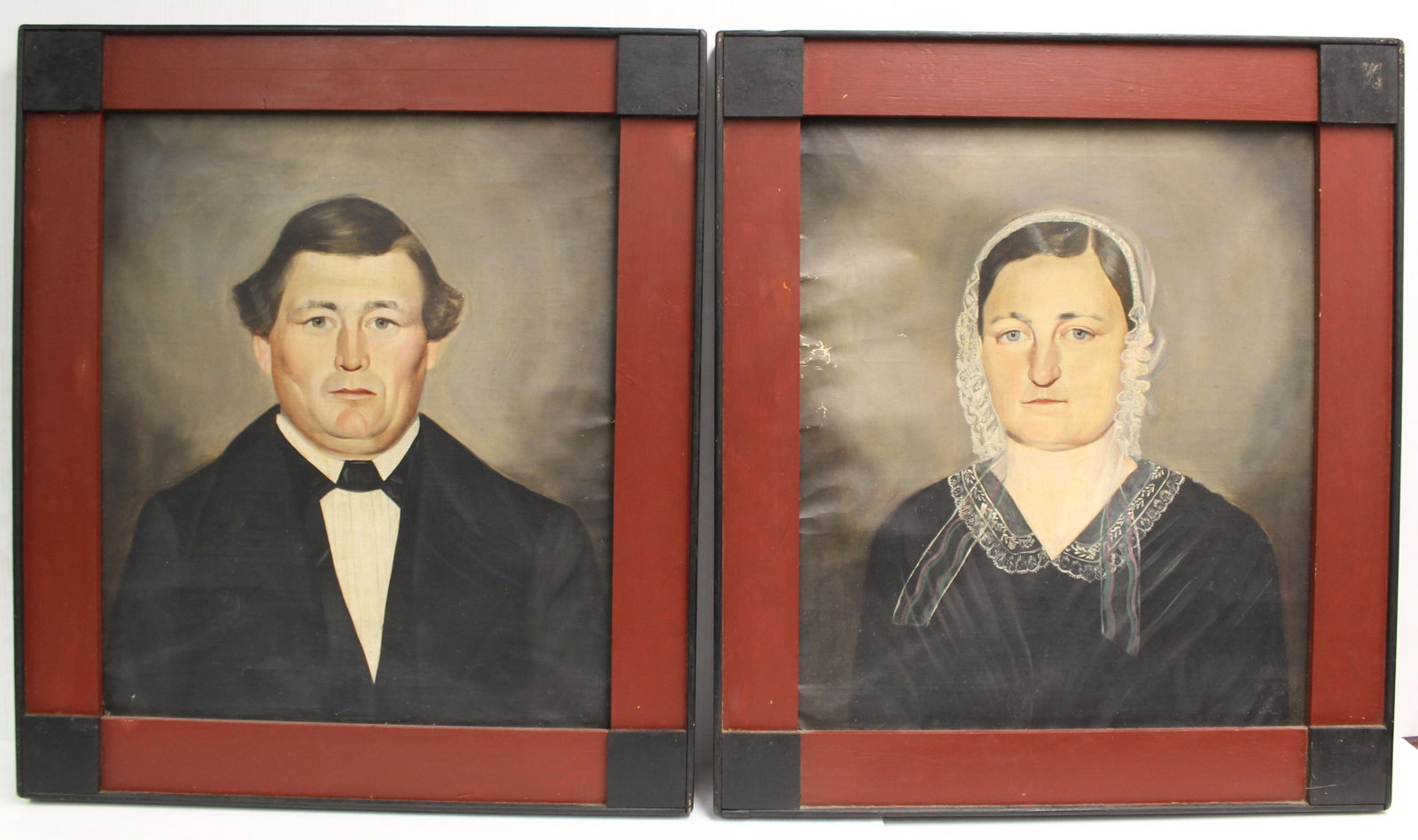 Pr of ca 1840 Folk Art o/portraits of husband and wife in painted red & black frames - overall (1 of 8)